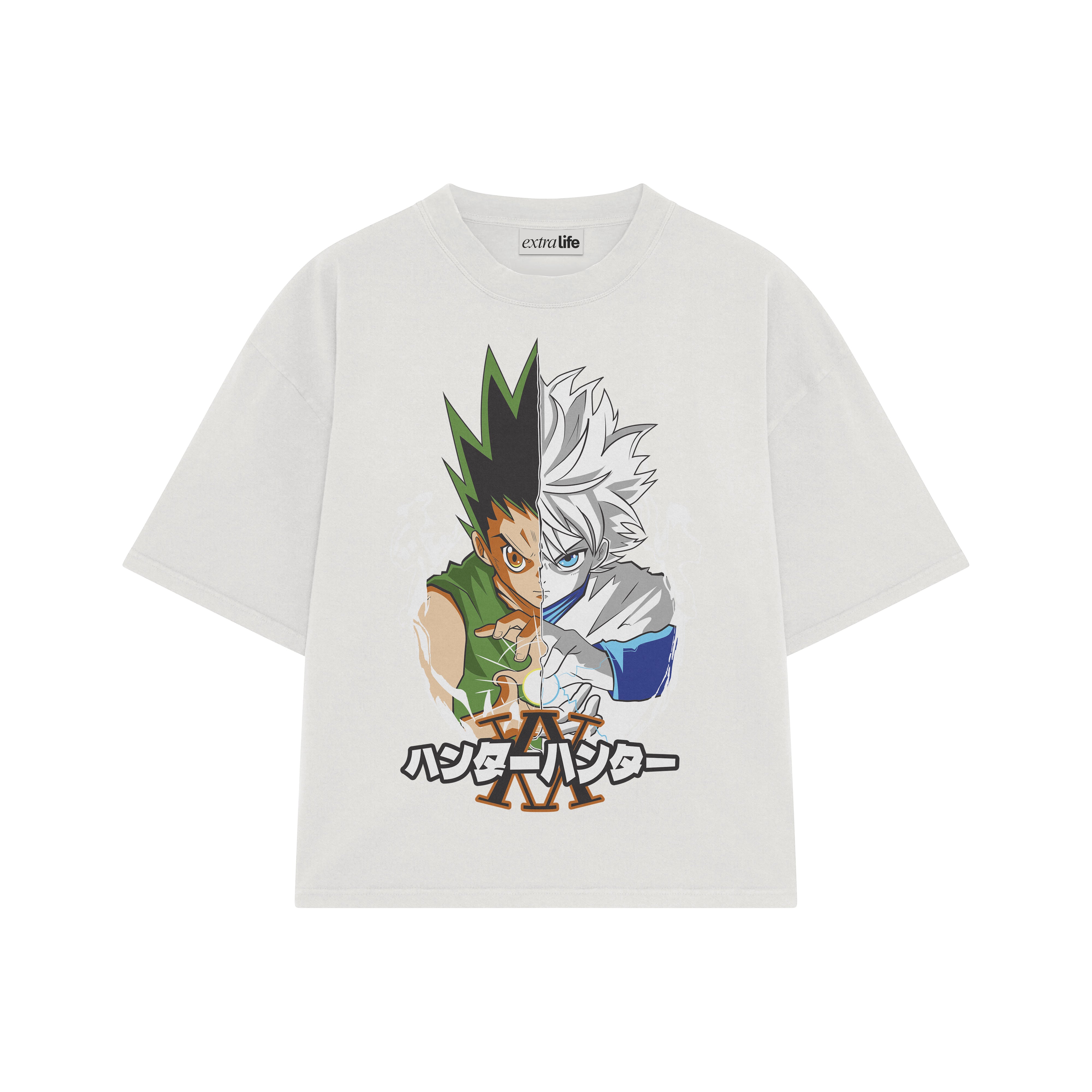 Playera streetwear premium de anime y gaming ExtraLife MX, corte boxy oversized drop shoulder heavyweight en color Deep Black y Off-White, moda urbana mexicana de culto.