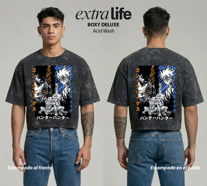 Playera streetwear premium de anime y gaming ExtraLife MX, corte boxy deluxe mineral wash heavyweight en color Acid Wash, moda urbana mexicana de culto.