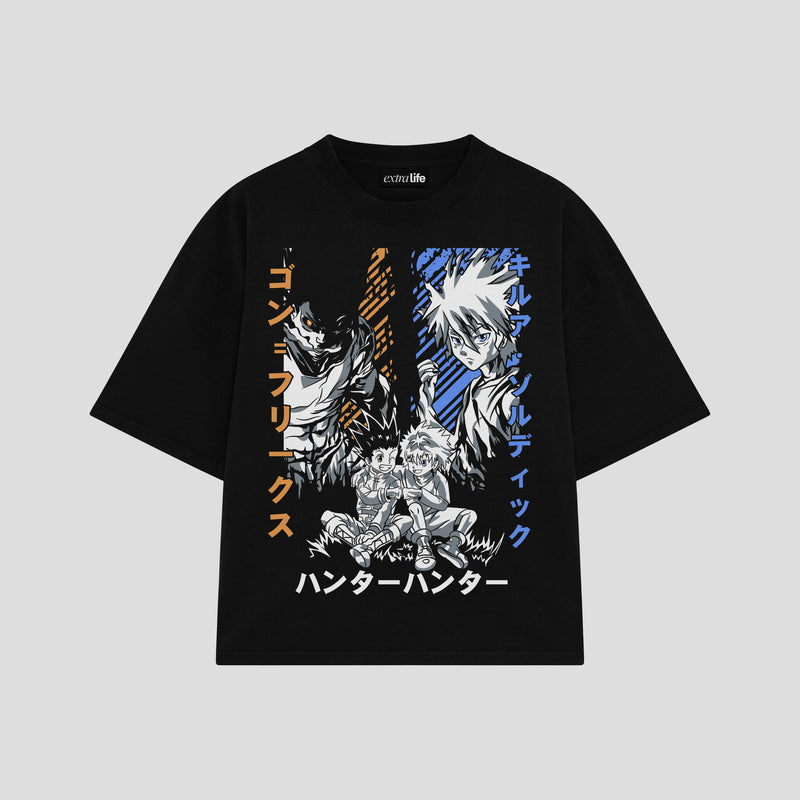 Playera streetwear premium de anime y gaming ExtraLife MX, corte boxy oversized drop shoulder heavyweight en color Deep Black y Off-White, moda urbana mexicana de culto.