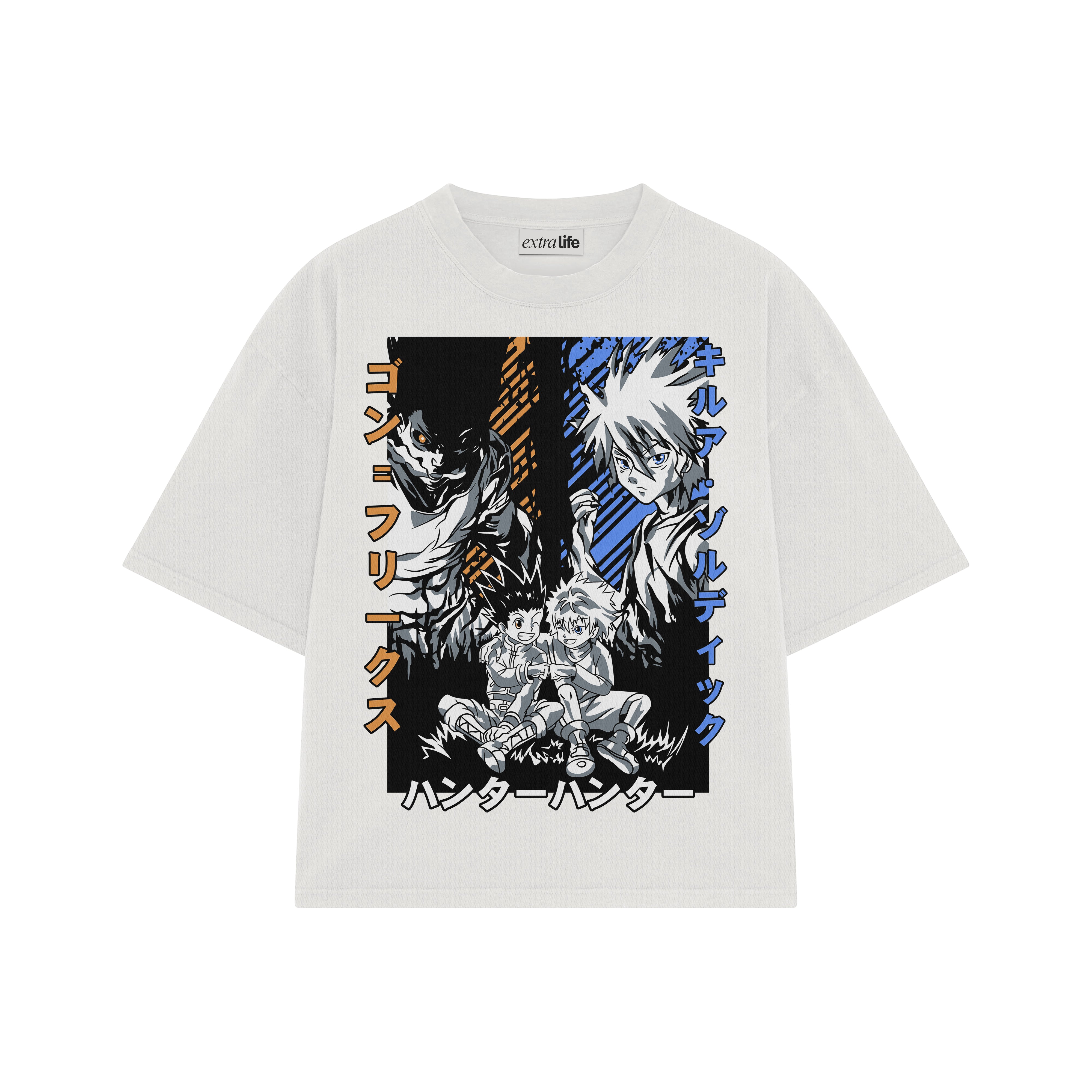 Playera streetwear premium de anime y gaming ExtraLife MX, corte boxy oversized drop shoulder heavyweight en color Deep Black y Off-White, moda urbana mexicana de culto.