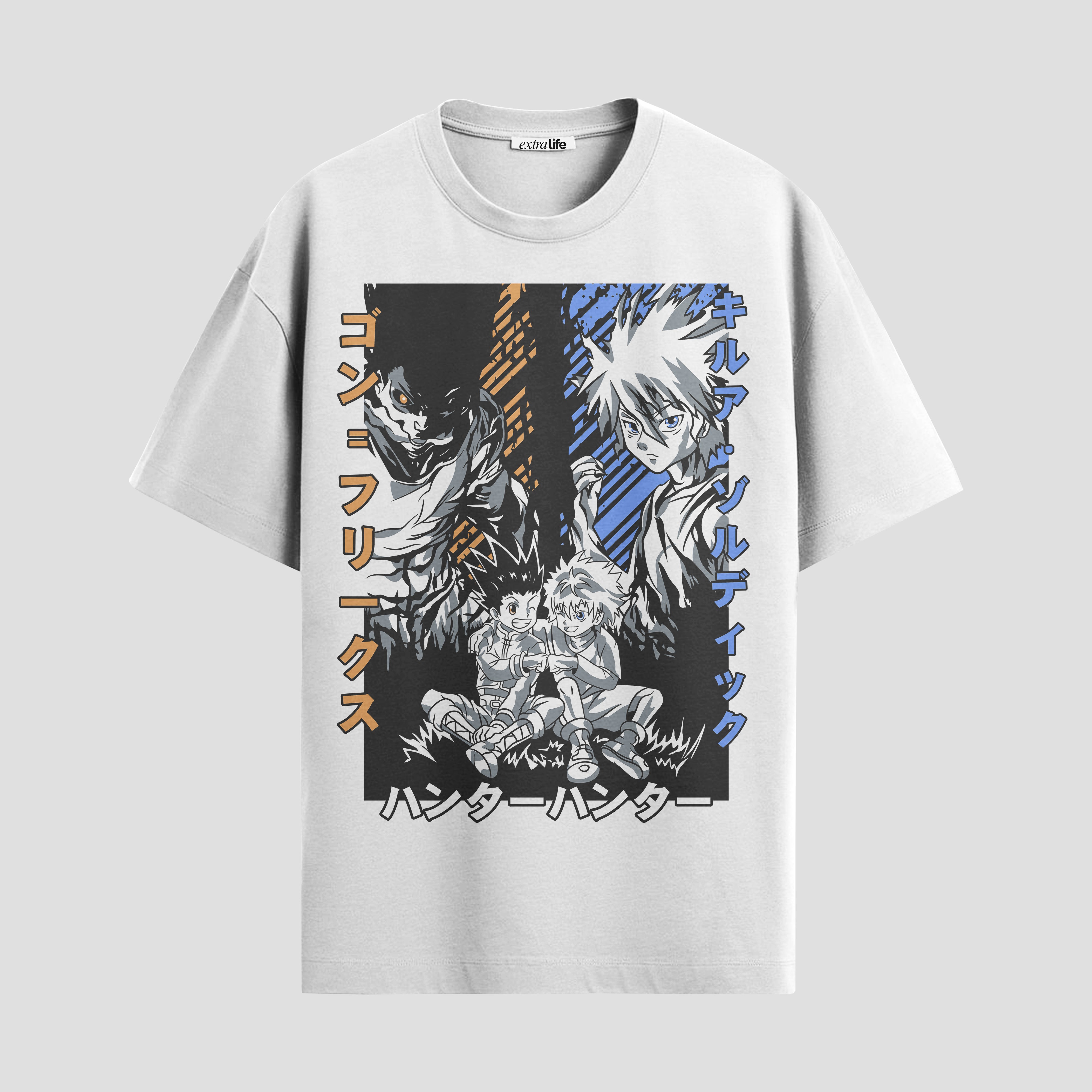 Playera urbana de anime y gaming ExtraLife MX, corte Standard Fit unisex ligero y transpirable en color Deep Black y Pure White, ropa de uso diario para gym y casual.