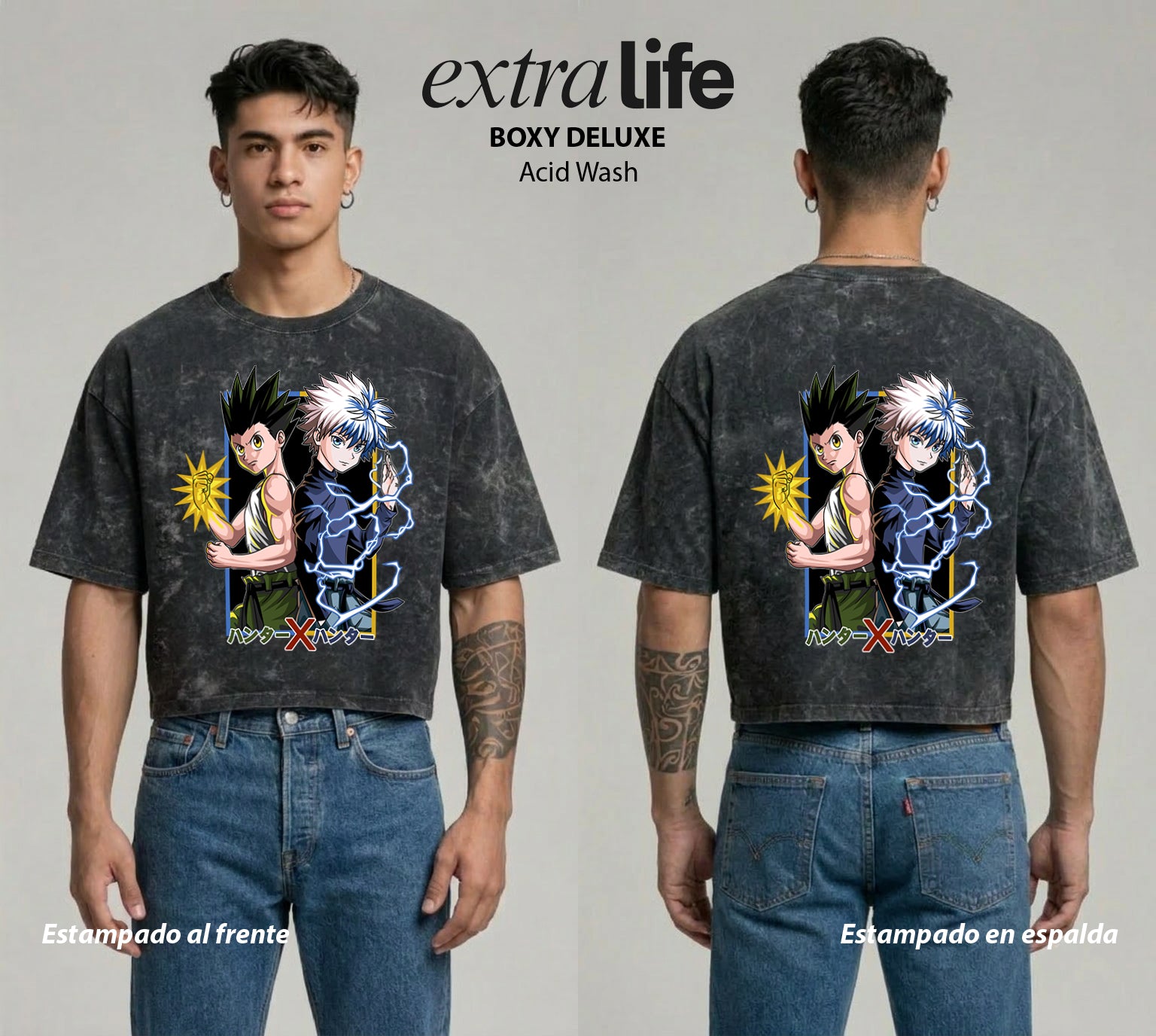 Playera streetwear premium de anime y gaming ExtraLife MX, corte boxy deluxe mineral wash heavyweight en color Acid Wash, moda urbana mexicana de culto.