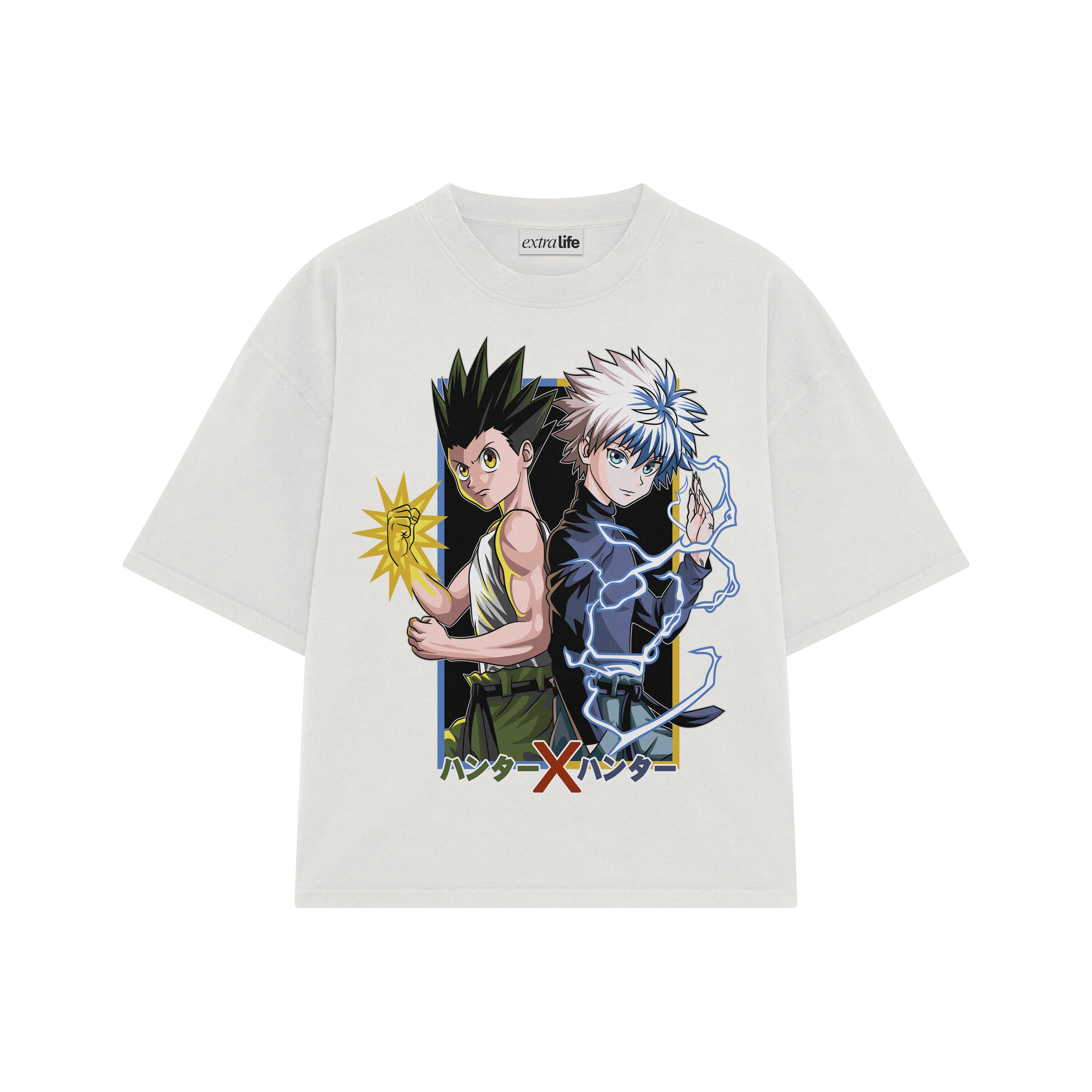 Playera streetwear premium de anime y gaming ExtraLife MX, corte boxy oversized drop shoulder heavyweight en color Deep Black y Off-White, moda urbana mexicana de culto.