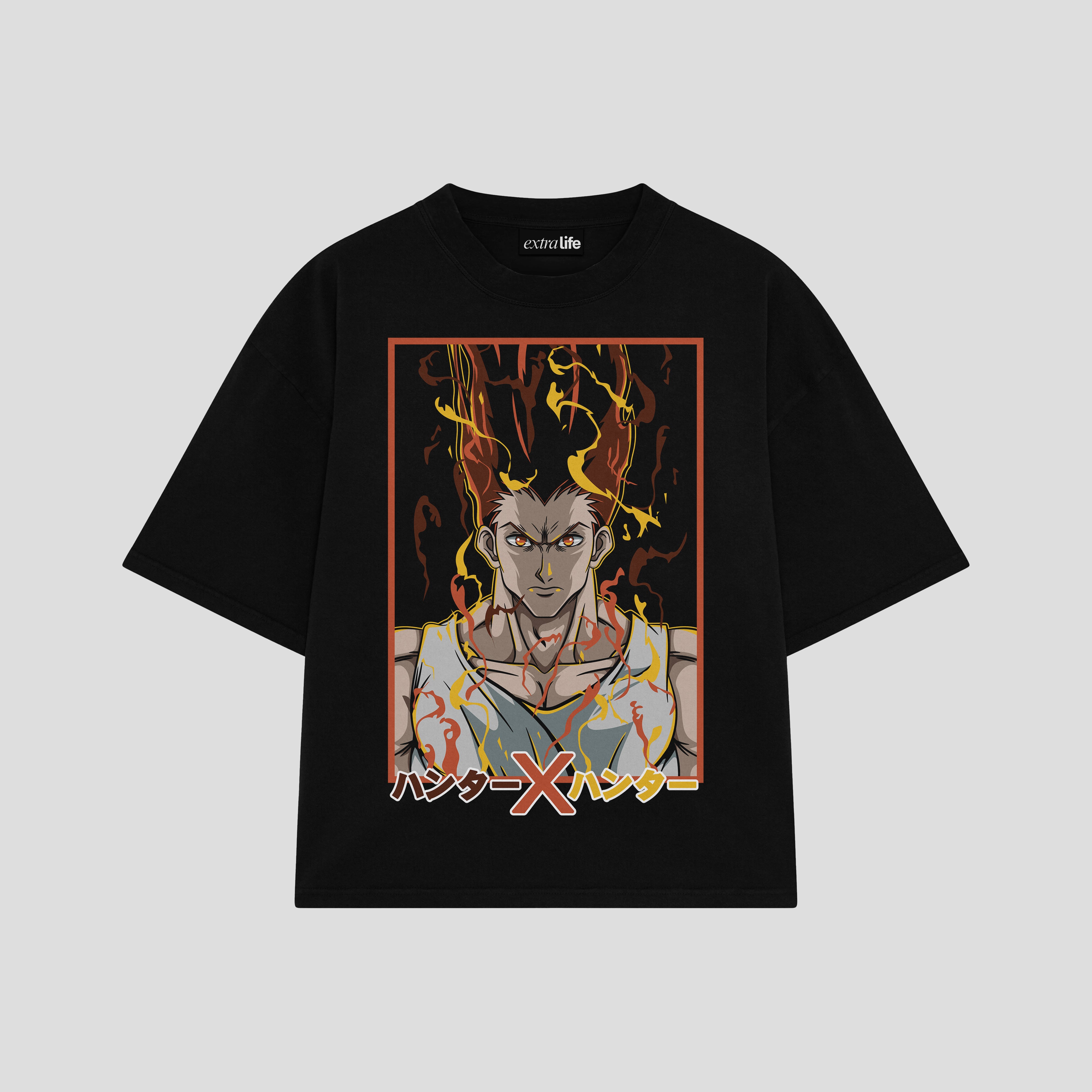 Playera streetwear premium de anime y gaming ExtraLife MX, corte boxy oversized drop shoulder heavyweight en color Deep Black y Off-White, moda urbana mexicana de culto.