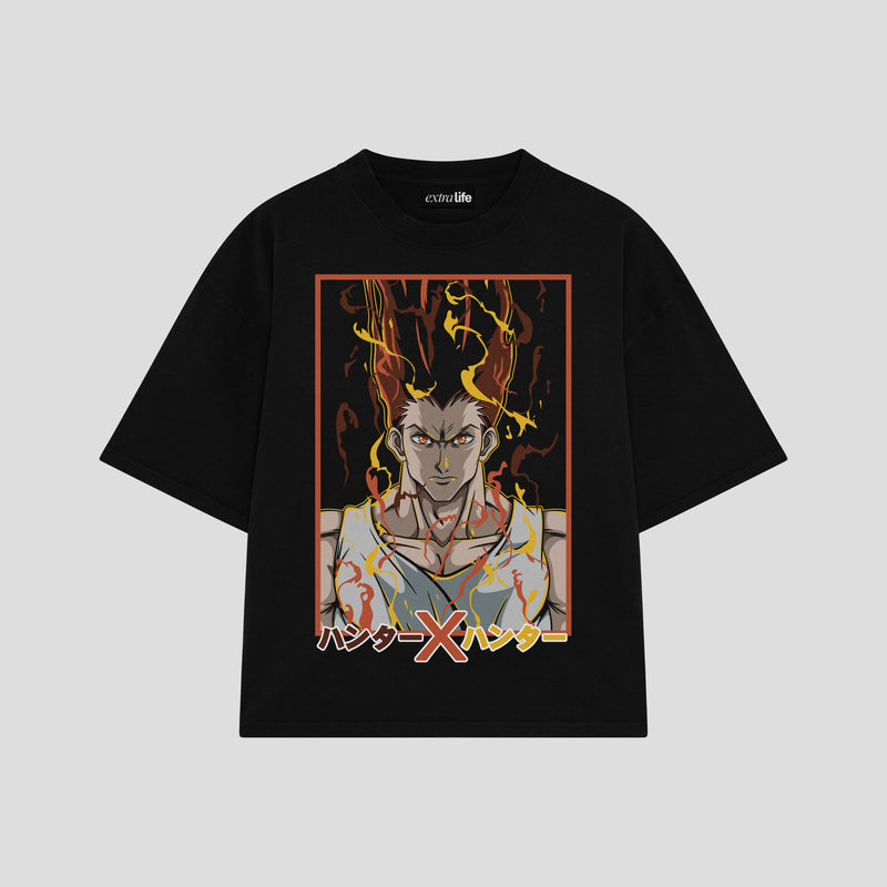 Playera streetwear premium de anime y gaming ExtraLife MX, corte boxy oversized drop shoulder heavyweight en color Deep Black y Off-White, moda urbana mexicana de culto.