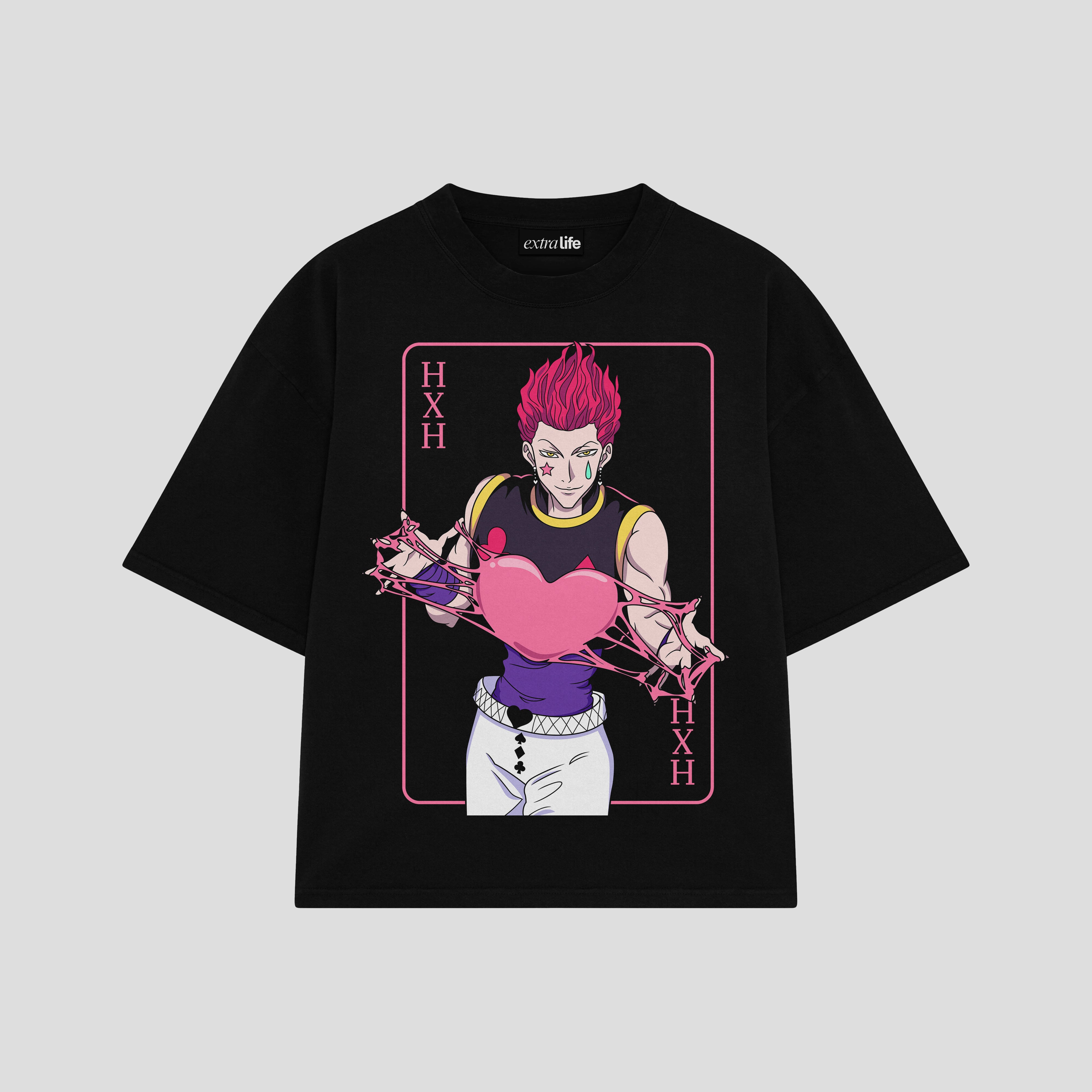 Playera streetwear premium de anime y gaming ExtraLife MX, corte boxy oversized drop shoulder heavyweight en color Deep Black y Off-White, moda urbana mexicana de culto.