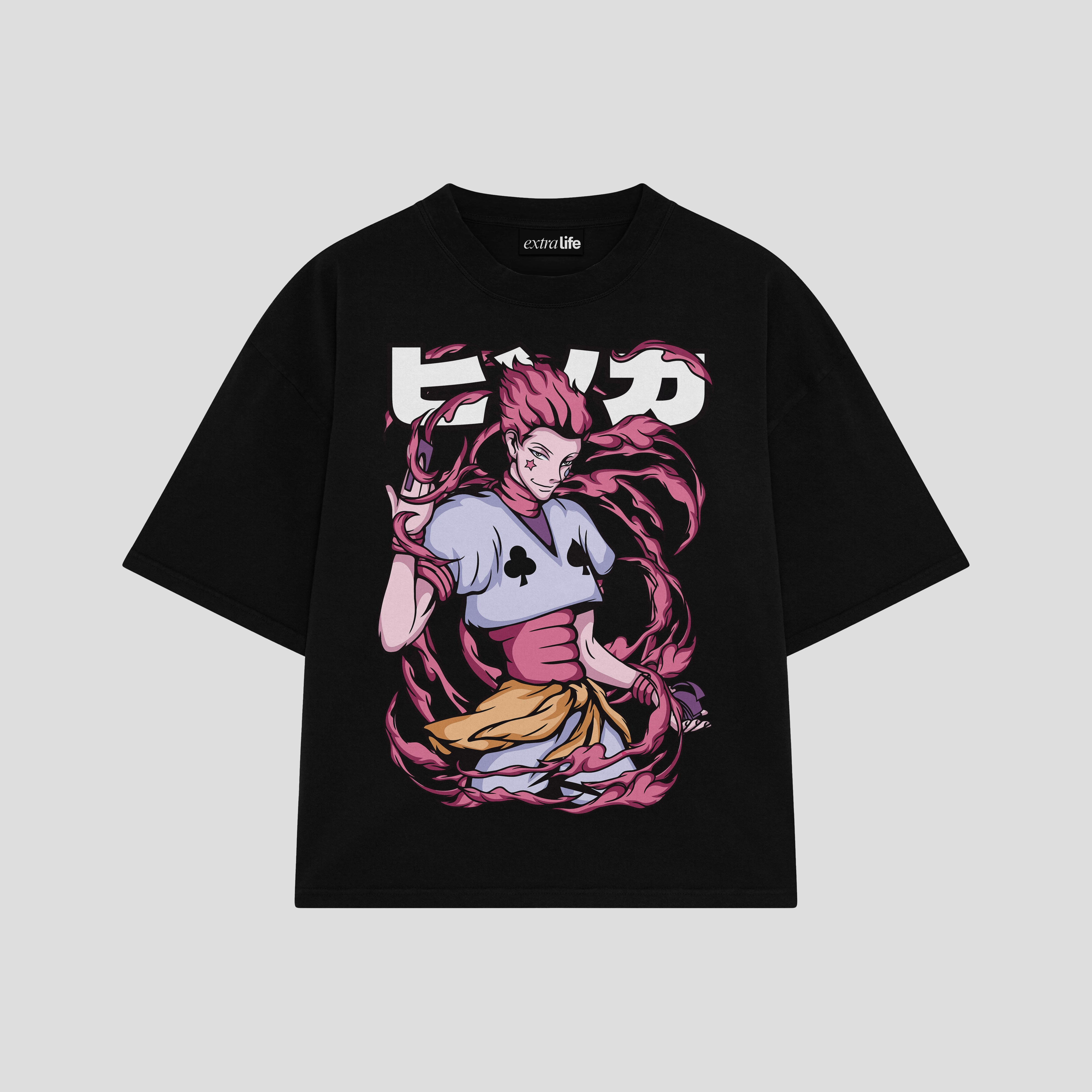 Playera streetwear premium de anime y gaming ExtraLife MX, corte boxy oversized drop shoulder heavyweight en color Deep Black y Off-White, moda urbana mexicana de culto.