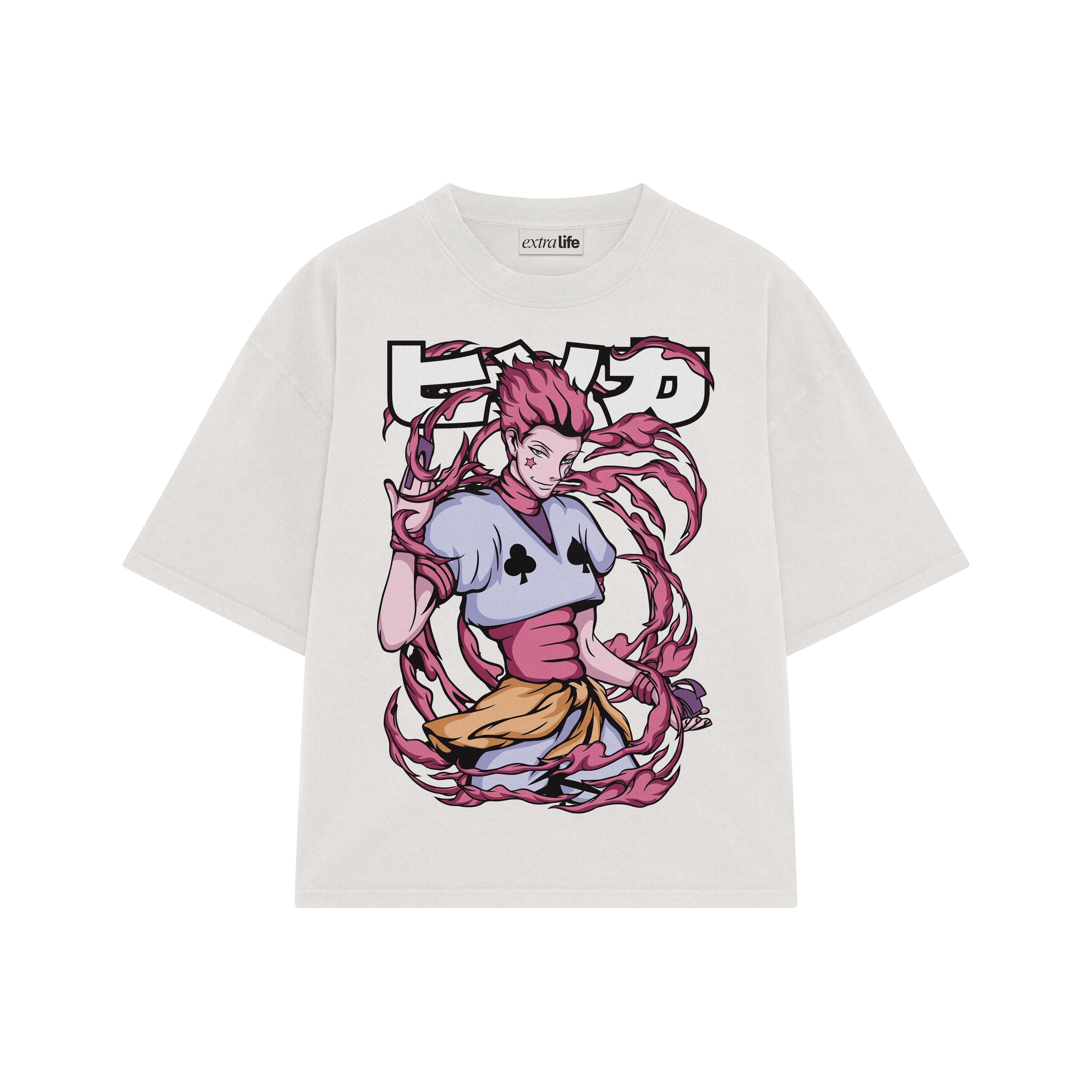 Playera streetwear premium de anime y gaming ExtraLife MX, corte boxy oversized drop shoulder heavyweight en color Deep Black y Off-White, moda urbana mexicana de culto.