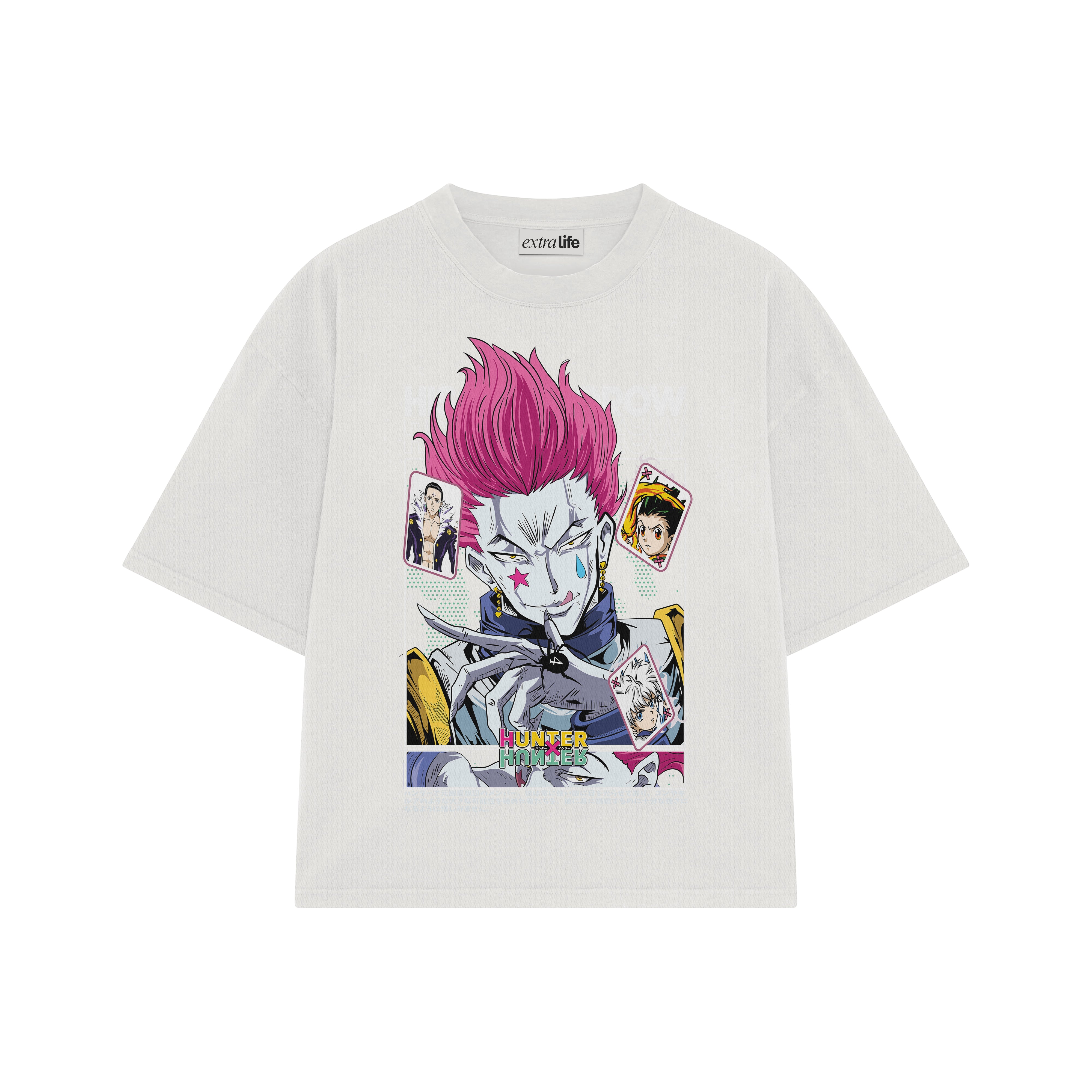 Playera streetwear premium de anime y gaming ExtraLife MX, corte boxy oversized drop shoulder heavyweight en color Deep Black y Off-White, moda urbana mexicana de culto.