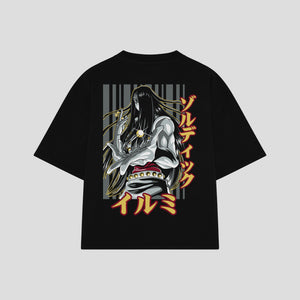 Playera streetwear premium de anime y gaming ExtraLife MX, corte boxy oversized drop shoulder heavyweight en color Deep Black y Off-White, moda urbana mexicana de culto.