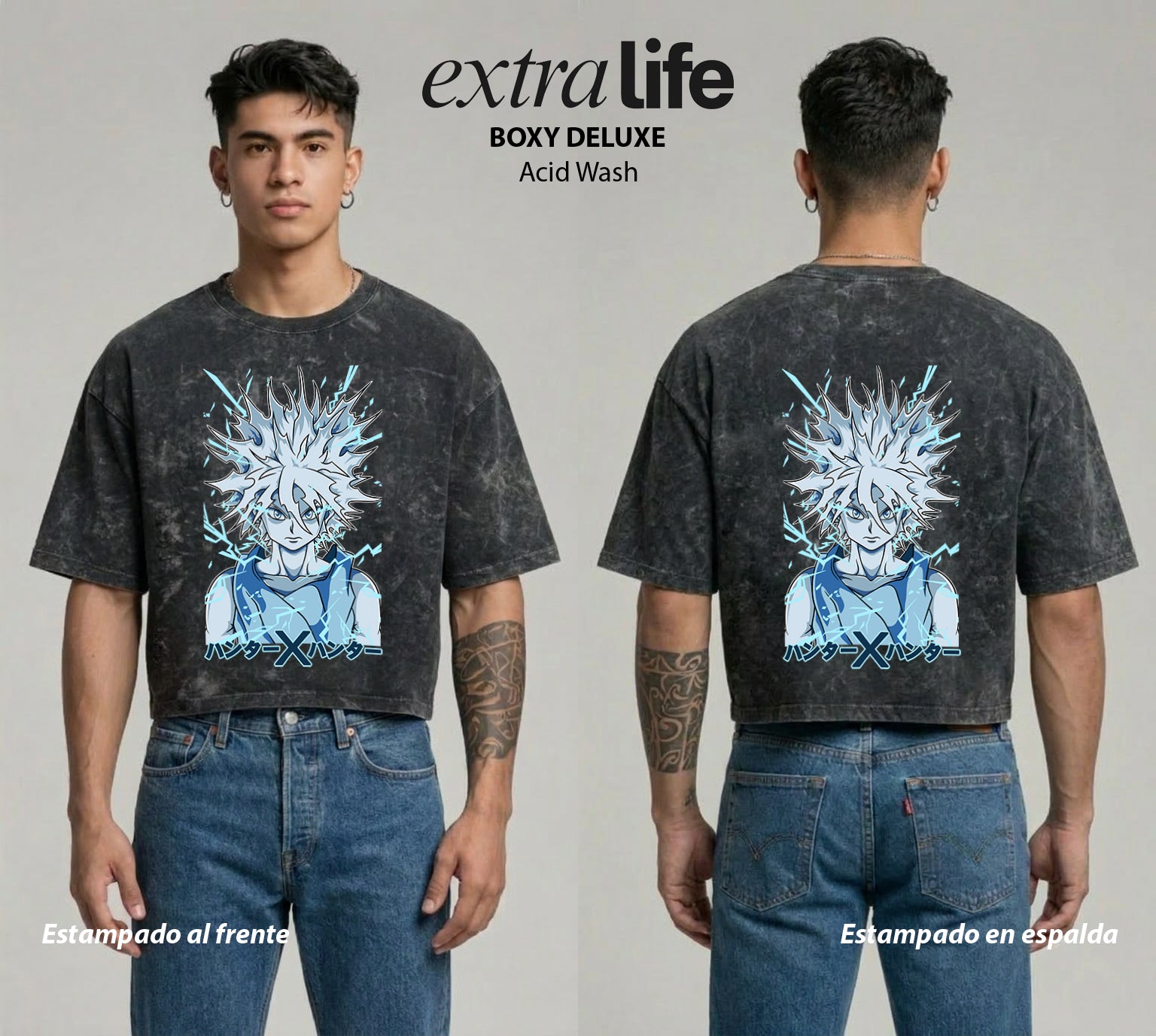 Playera streetwear premium de anime y gaming ExtraLife MX, corte boxy deluxe mineral wash heavyweight en color Acid Wash, moda urbana mexicana de culto.