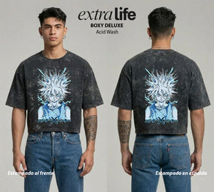Playera streetwear premium de anime y gaming ExtraLife MX, corte boxy deluxe mineral wash heavyweight en color Acid Wash, moda urbana mexicana de culto.