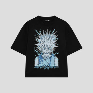Playera streetwear premium de anime y gaming ExtraLife MX, corte boxy oversized drop shoulder heavyweight en color Deep Black y Off-White, moda urbana mexicana de culto.