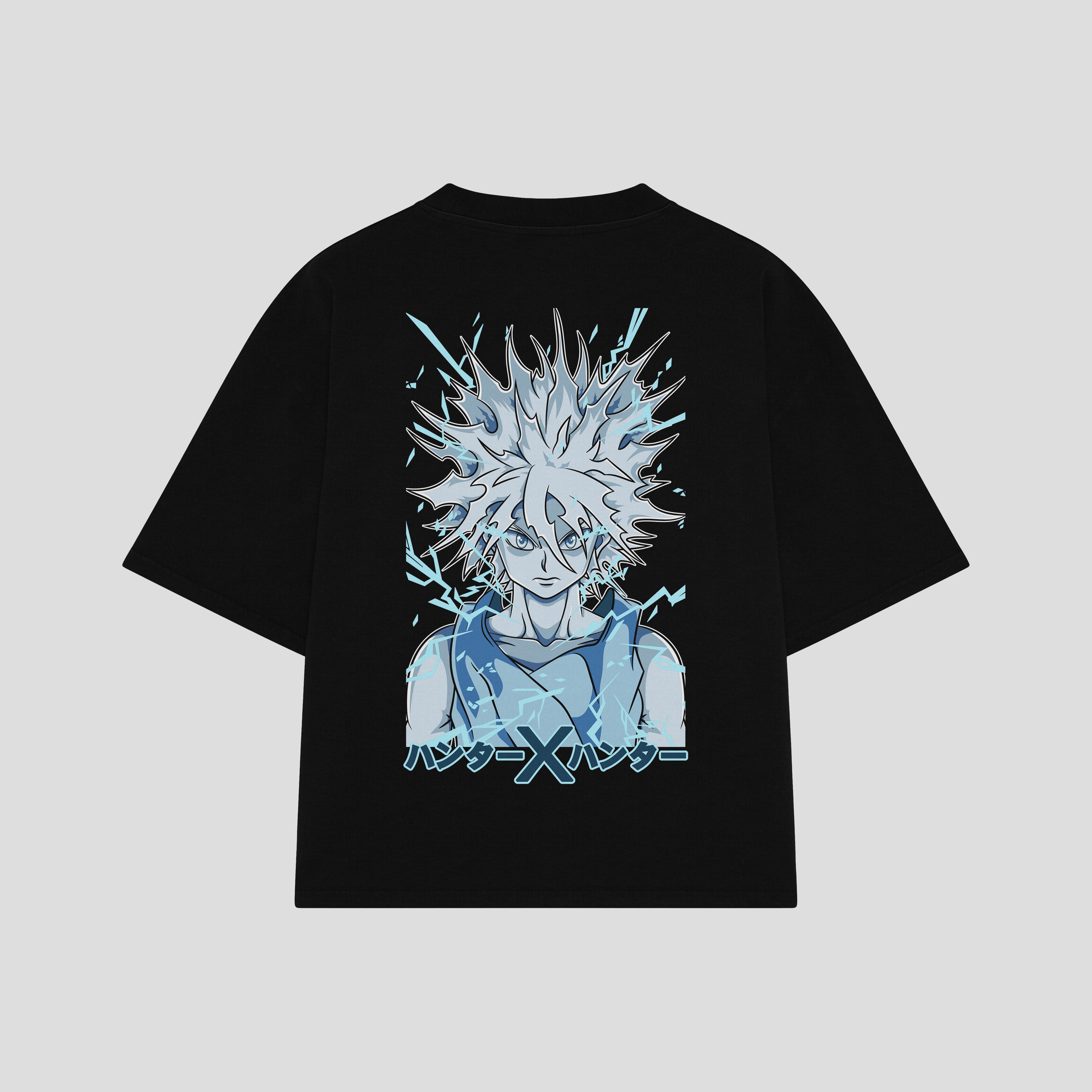 Playera streetwear premium de anime y gaming ExtraLife MX, corte boxy oversized drop shoulder heavyweight en color Deep Black y Off-White, moda urbana mexicana de culto.