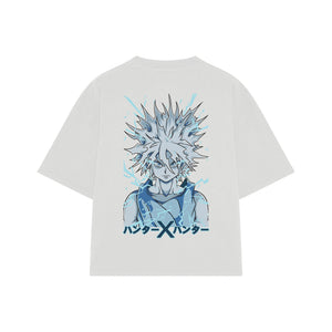 Playera streetwear premium de anime y gaming ExtraLife MX, corte boxy oversized drop shoulder heavyweight en color Deep Black y Off-White, moda urbana mexicana de culto.