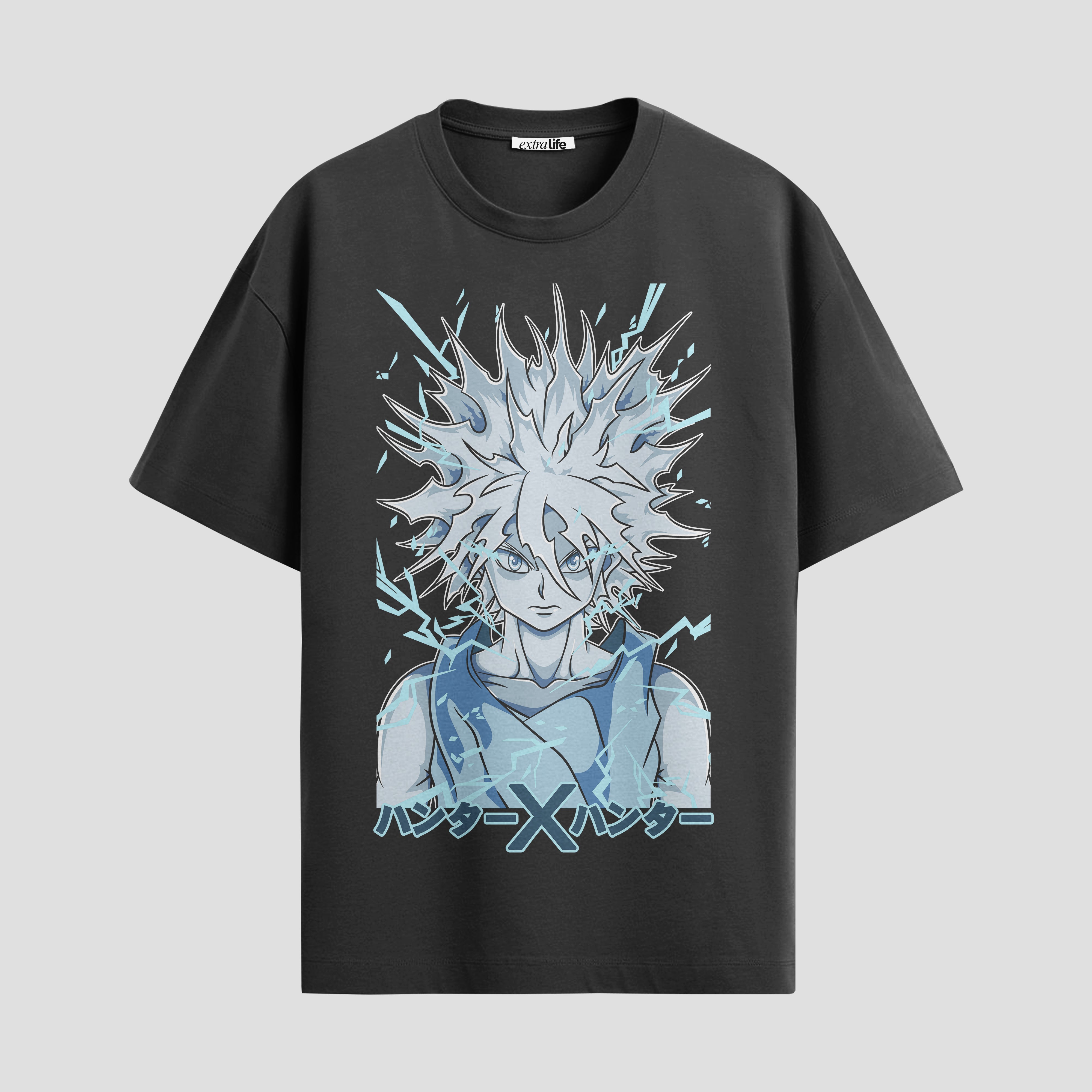 Playera urbana de anime y gaming ExtraLife MX, corte Standard Fit unisex ligero y transpirable en color Deep Black y Pure White, ropa de uso diario para gym y casual.