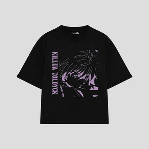 Playera streetwear premium de anime y gaming ExtraLife MX, corte boxy oversized drop shoulder heavyweight en color Deep Black y Off-White, moda urbana mexicana de culto.