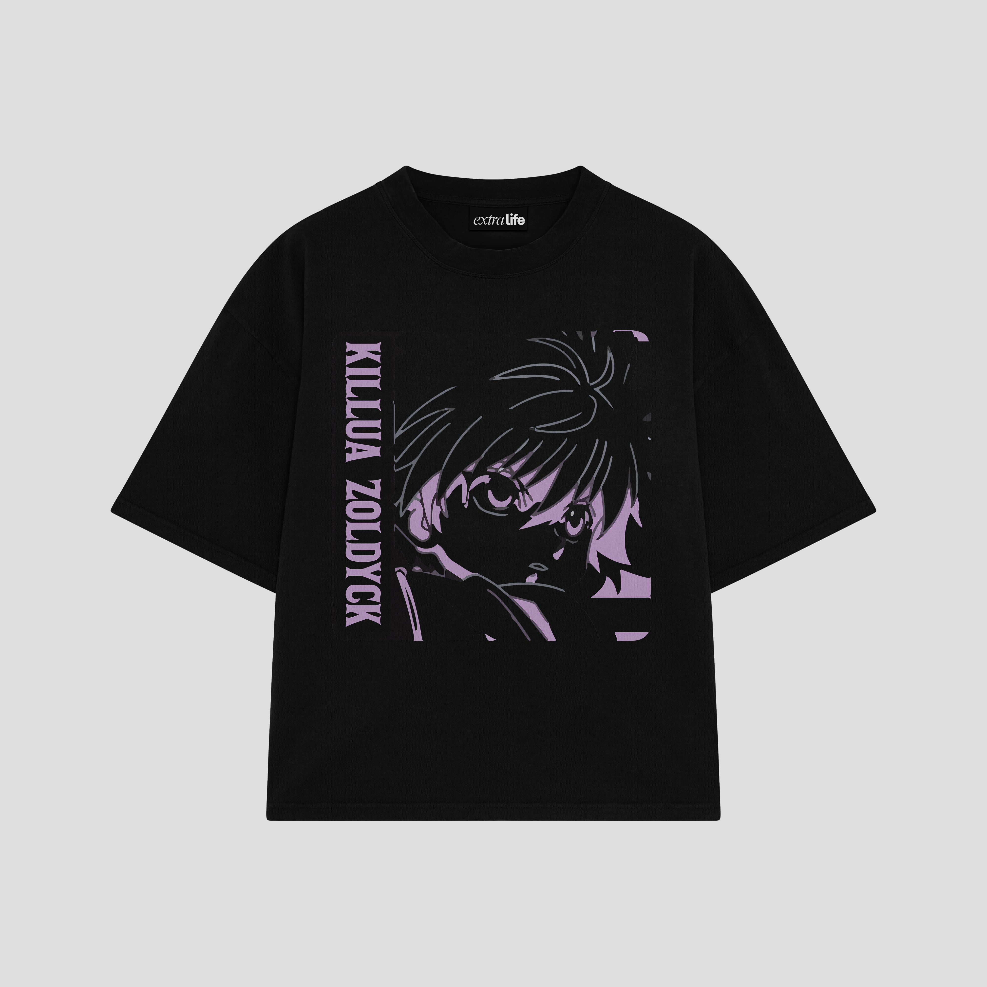 Playera streetwear premium de anime y gaming ExtraLife MX, corte boxy oversized drop shoulder heavyweight en color Deep Black y Off-White, moda urbana mexicana de culto.