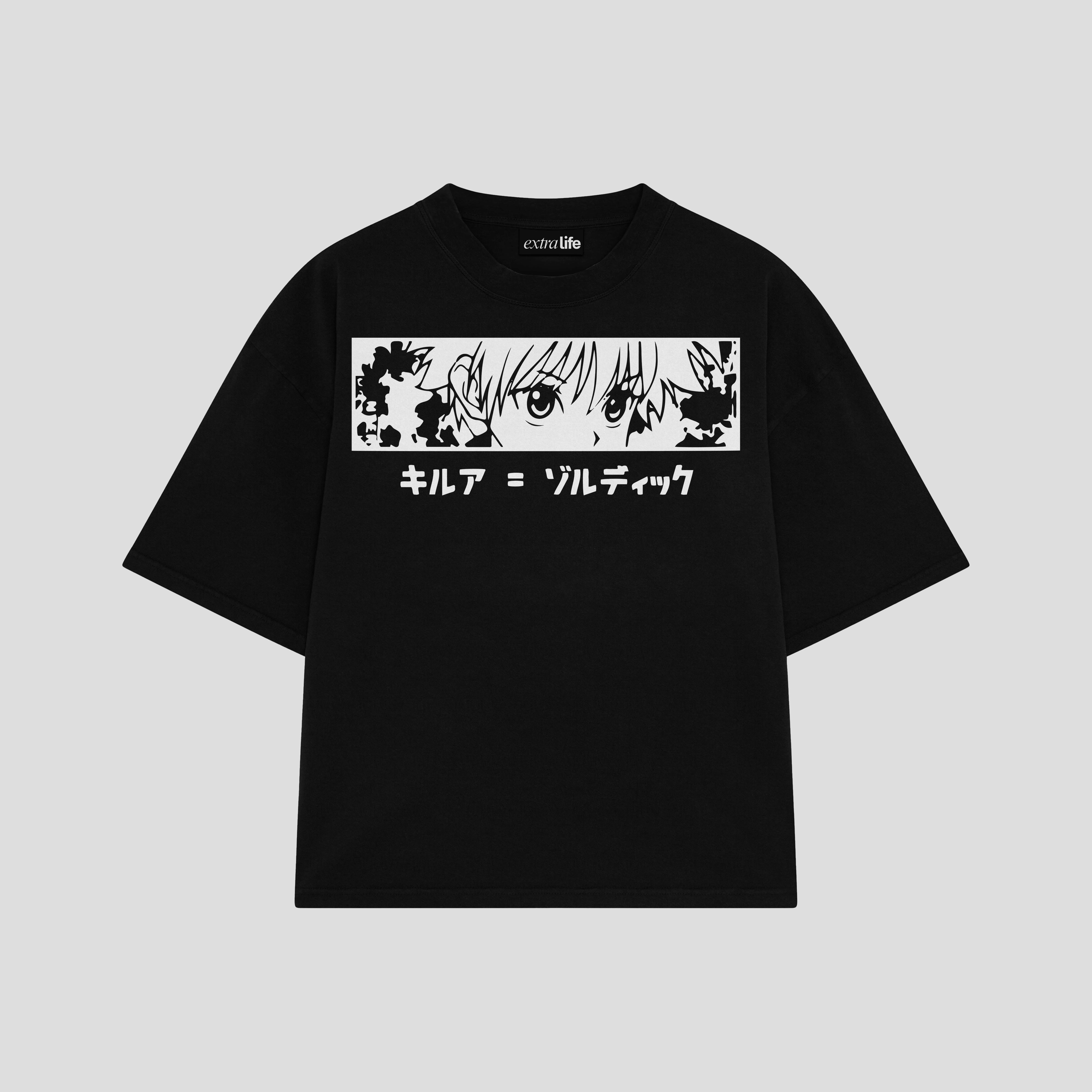 Playera streetwear premium de anime y gaming ExtraLife MX, corte boxy oversized drop shoulder heavyweight en color Deep Black y Off-White, moda urbana mexicana de culto.