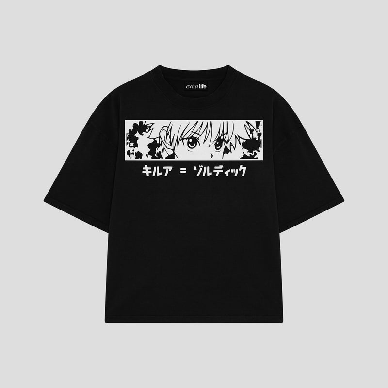 Playera streetwear premium de anime y gaming ExtraLife MX, corte boxy oversized drop shoulder heavyweight en color Deep Black y Off-White, moda urbana mexicana de culto.