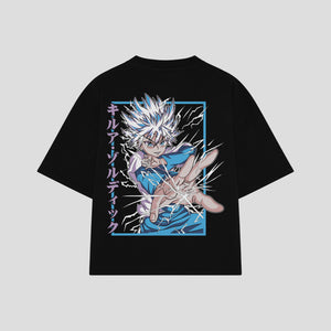 Playera streetwear premium de anime y gaming ExtraLife MX, corte boxy oversized drop shoulder heavyweight en color Deep Black y Off-White, moda urbana mexicana de culto.
