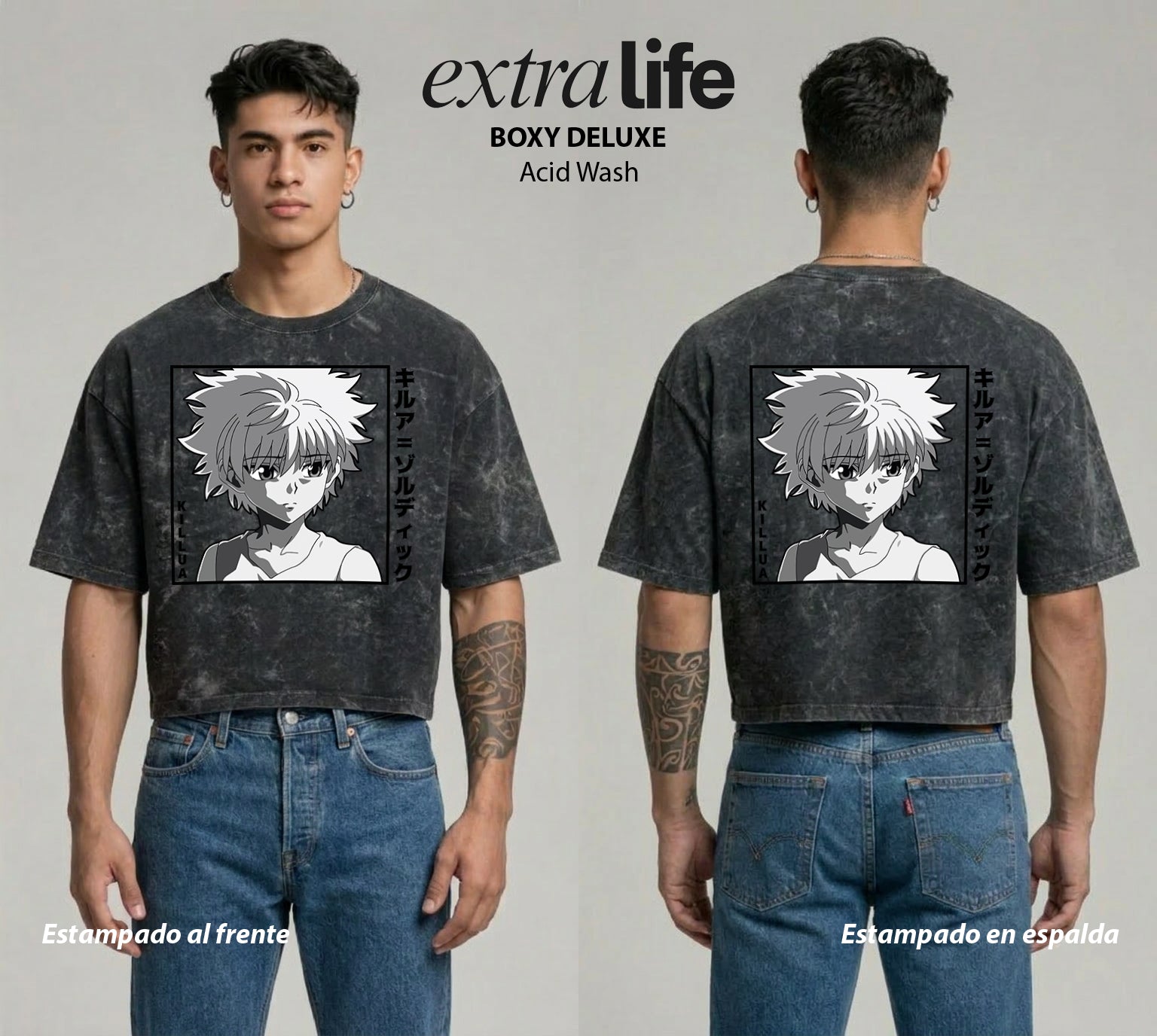 Playera streetwear premium de anime y gaming ExtraLife MX, corte boxy deluxe mineral wash heavyweight en color Acid Wash, moda urbana mexicana de culto.