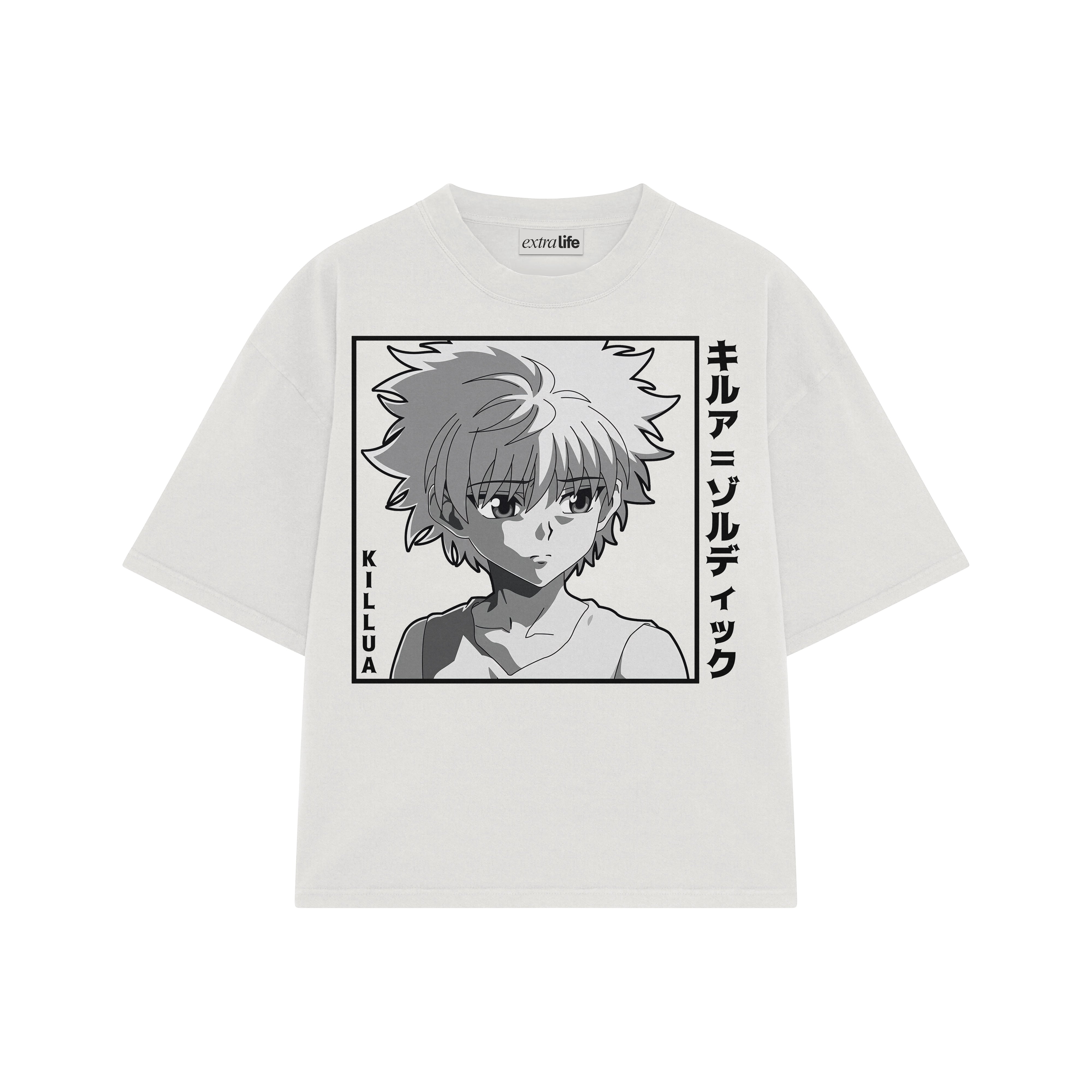 Playera streetwear premium de anime y gaming ExtraLife MX, corte boxy oversized drop shoulder heavyweight en color Deep Black y Off-White, moda urbana mexicana de culto.