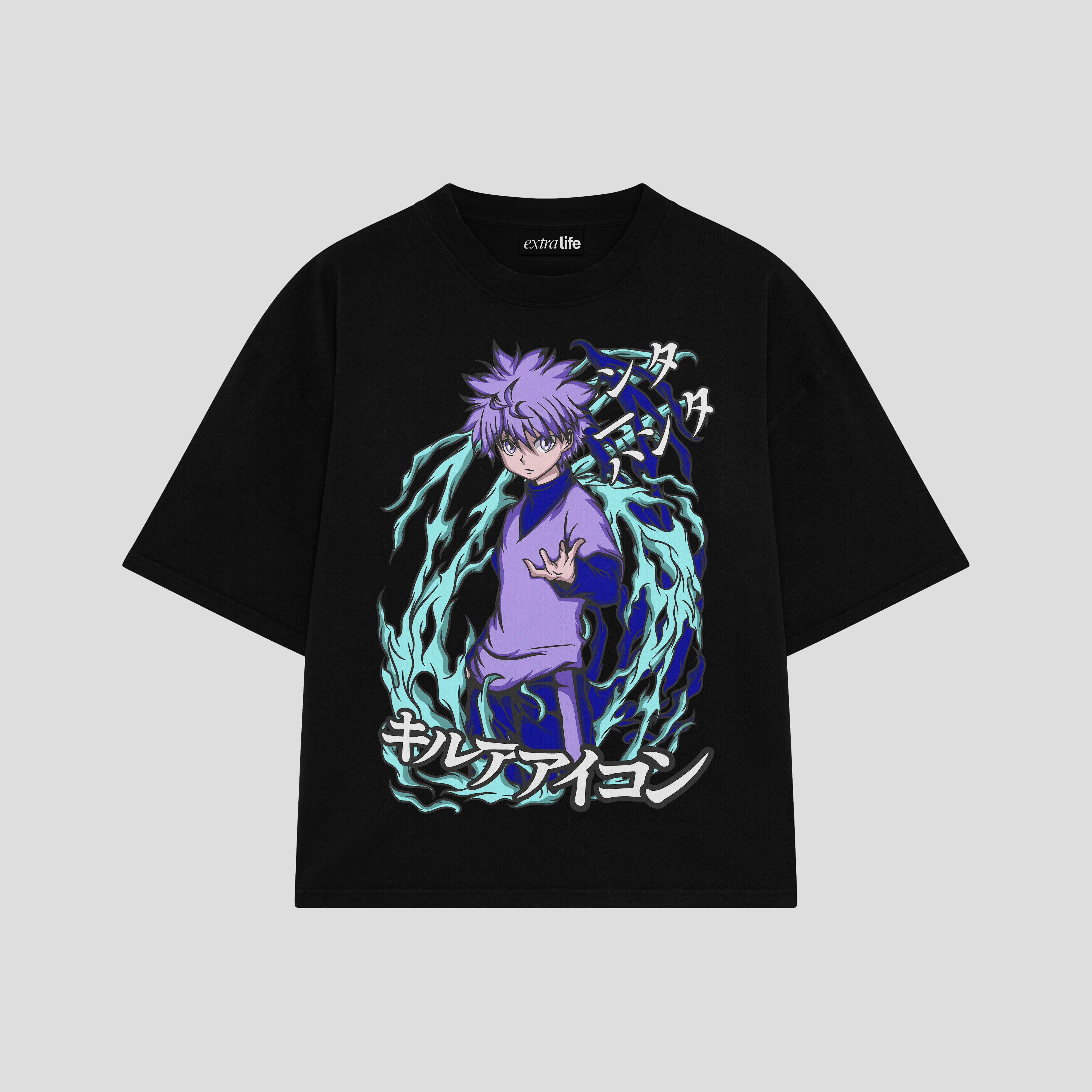 Playera streetwear premium de anime y gaming ExtraLife MX, corte boxy oversized drop shoulder heavyweight en color Deep Black y Off-White, moda urbana mexicana de culto.