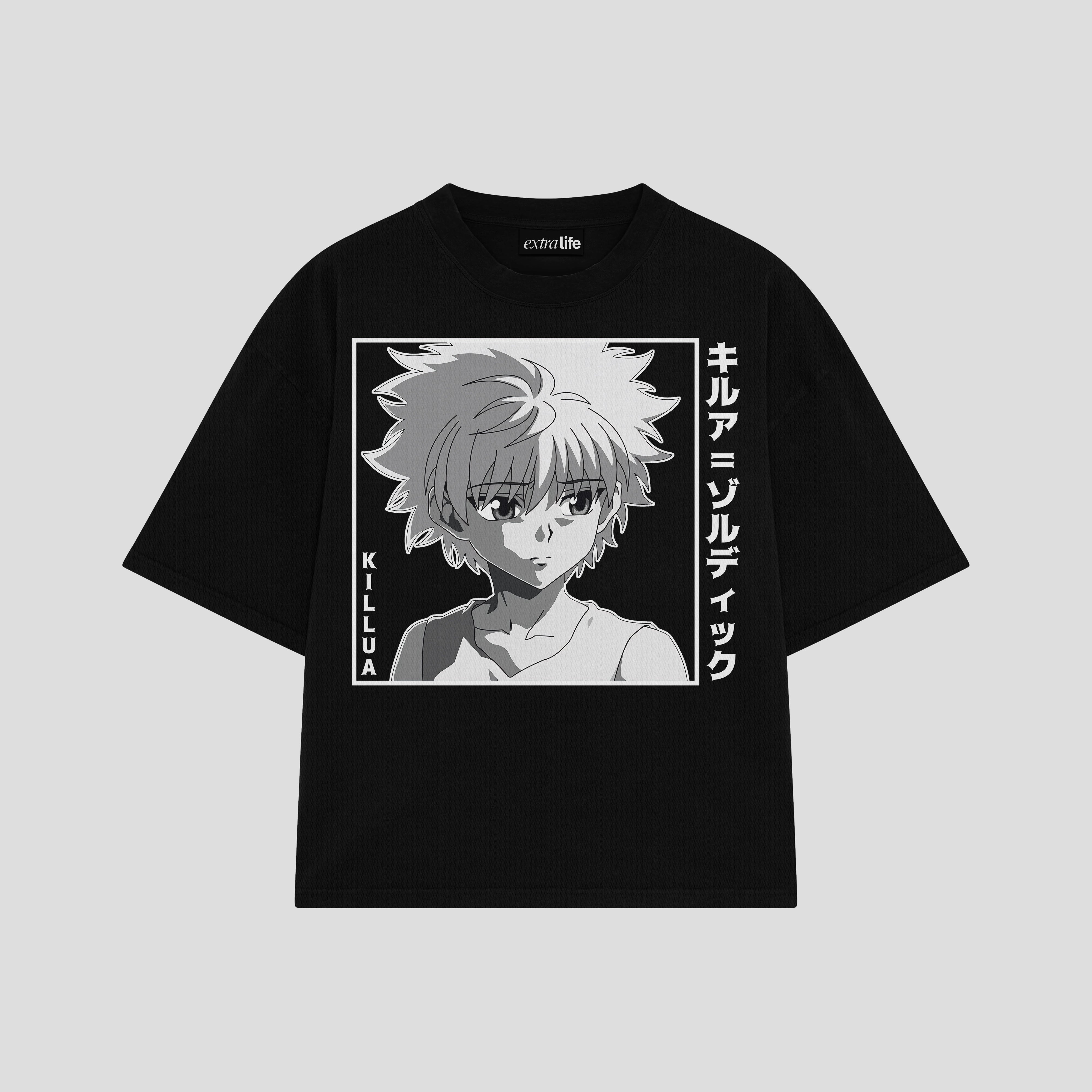 Playera streetwear premium de anime y gaming ExtraLife MX, corte boxy oversized drop shoulder heavyweight en color Deep Black y Off-White, moda urbana mexicana de culto.