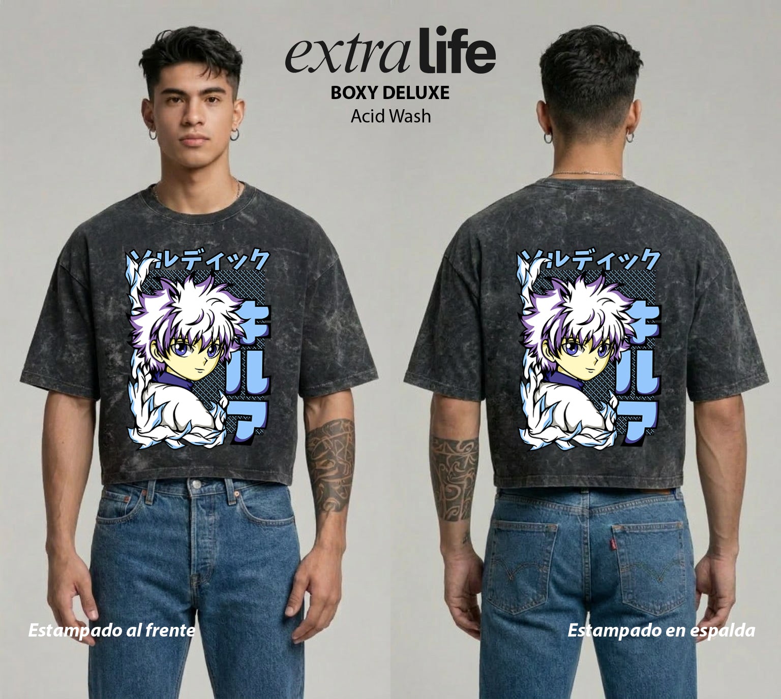 Playera streetwear premium de anime y gaming ExtraLife MX, corte boxy deluxe mineral wash heavyweight en color Acid Wash, moda urbana mexicana de culto.