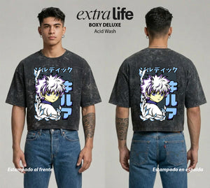 Playera streetwear premium de anime y gaming ExtraLife MX, corte boxy deluxe mineral wash heavyweight en color Acid Wash, moda urbana mexicana de culto.
