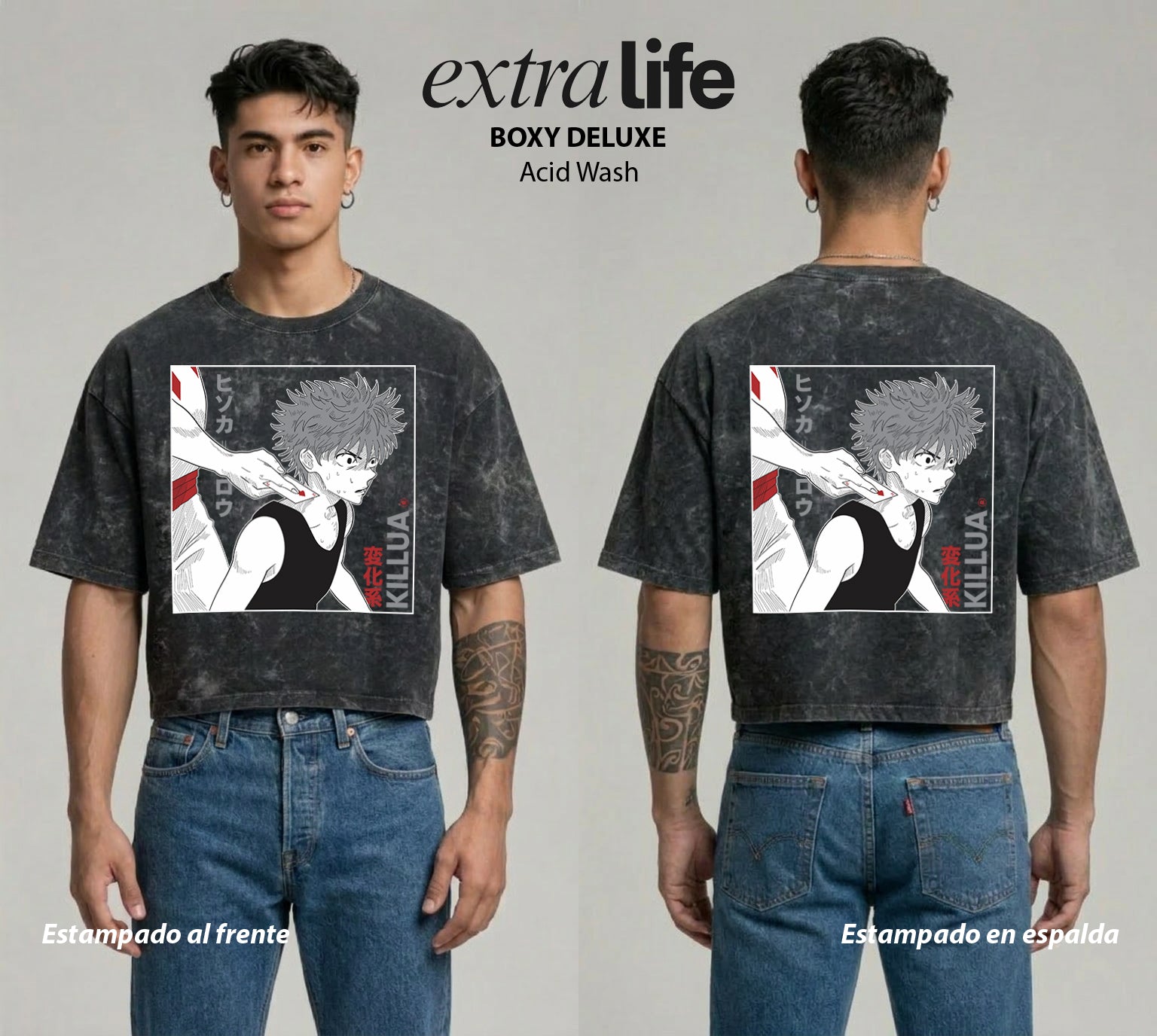 Playera streetwear premium de anime y gaming ExtraLife MX, corte boxy deluxe mineral wash heavyweight en color Acid Wash, moda urbana mexicana de culto.
