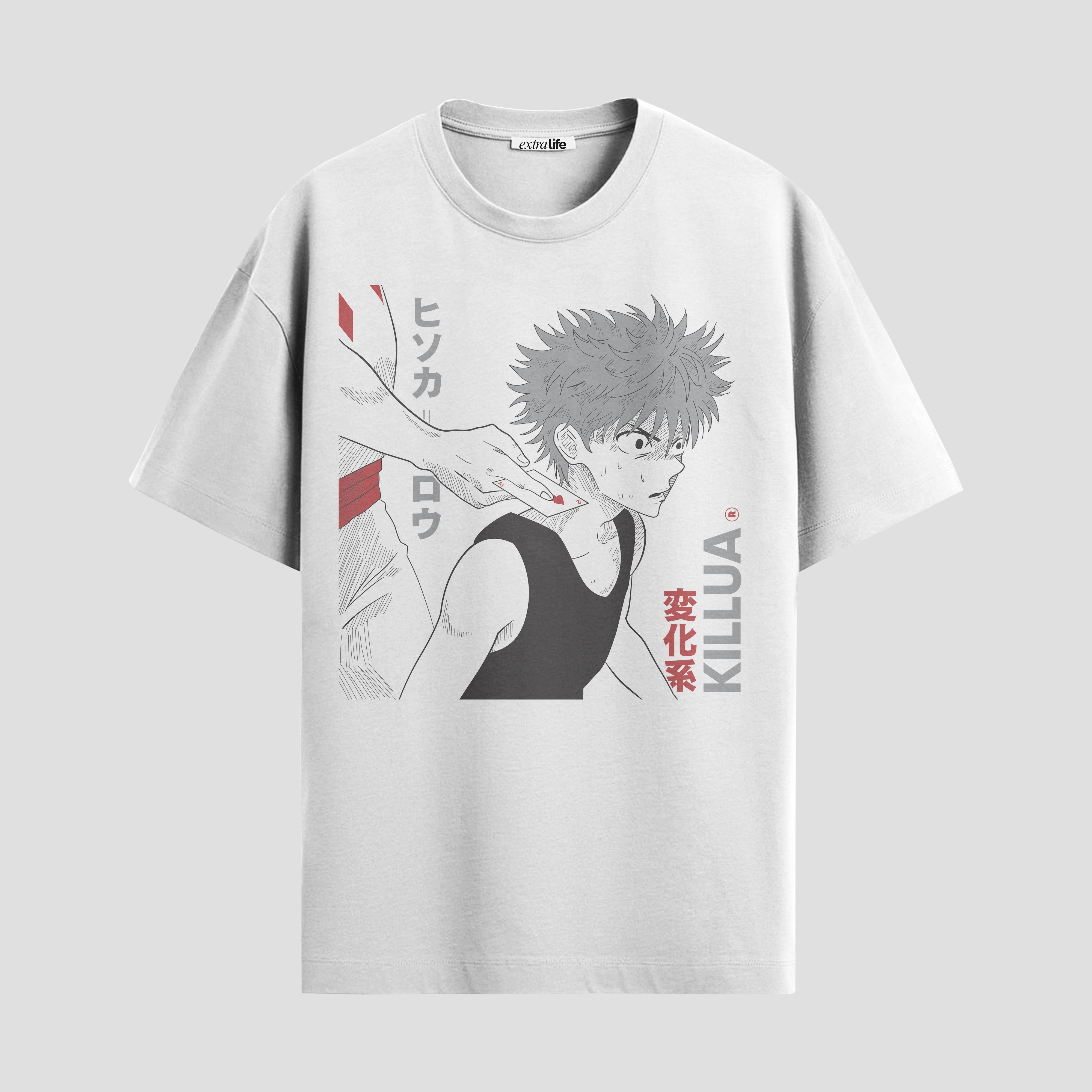 Playera urbana de anime y gaming ExtraLife MX, corte Standard Fit unisex ligero y transpirable en color Deep Black y Pure White, ropa de uso diario para gym y casual.