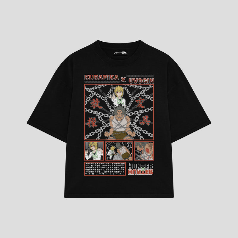Playera streetwear premium de anime y gaming ExtraLife MX, corte boxy oversized drop shoulder heavyweight en color Deep Black y Off-White, moda urbana mexicana de culto.
