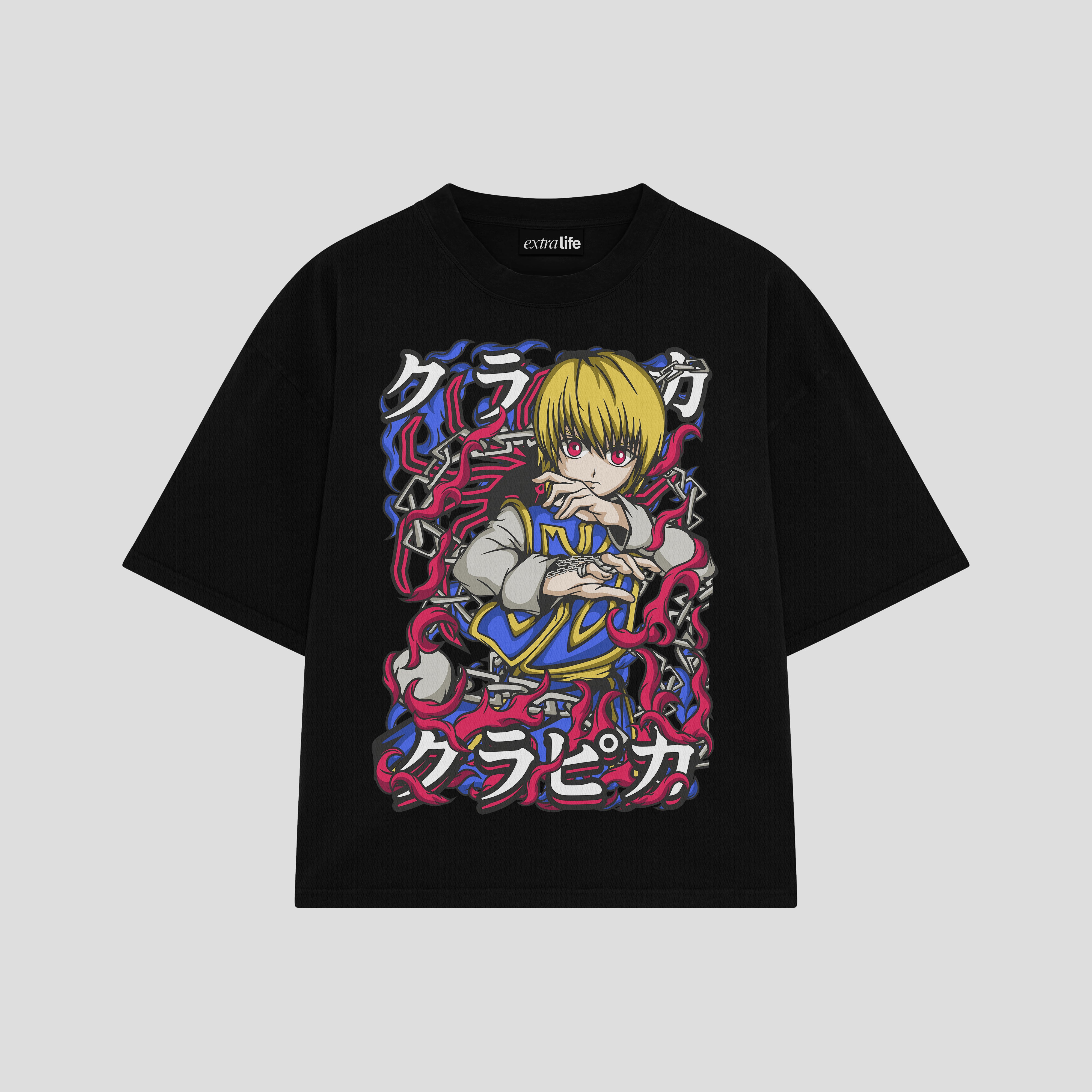 Playera streetwear premium de anime y gaming ExtraLife MX, corte boxy oversized drop shoulder heavyweight en color Deep Black y Off-White, moda urbana mexicana de culto.