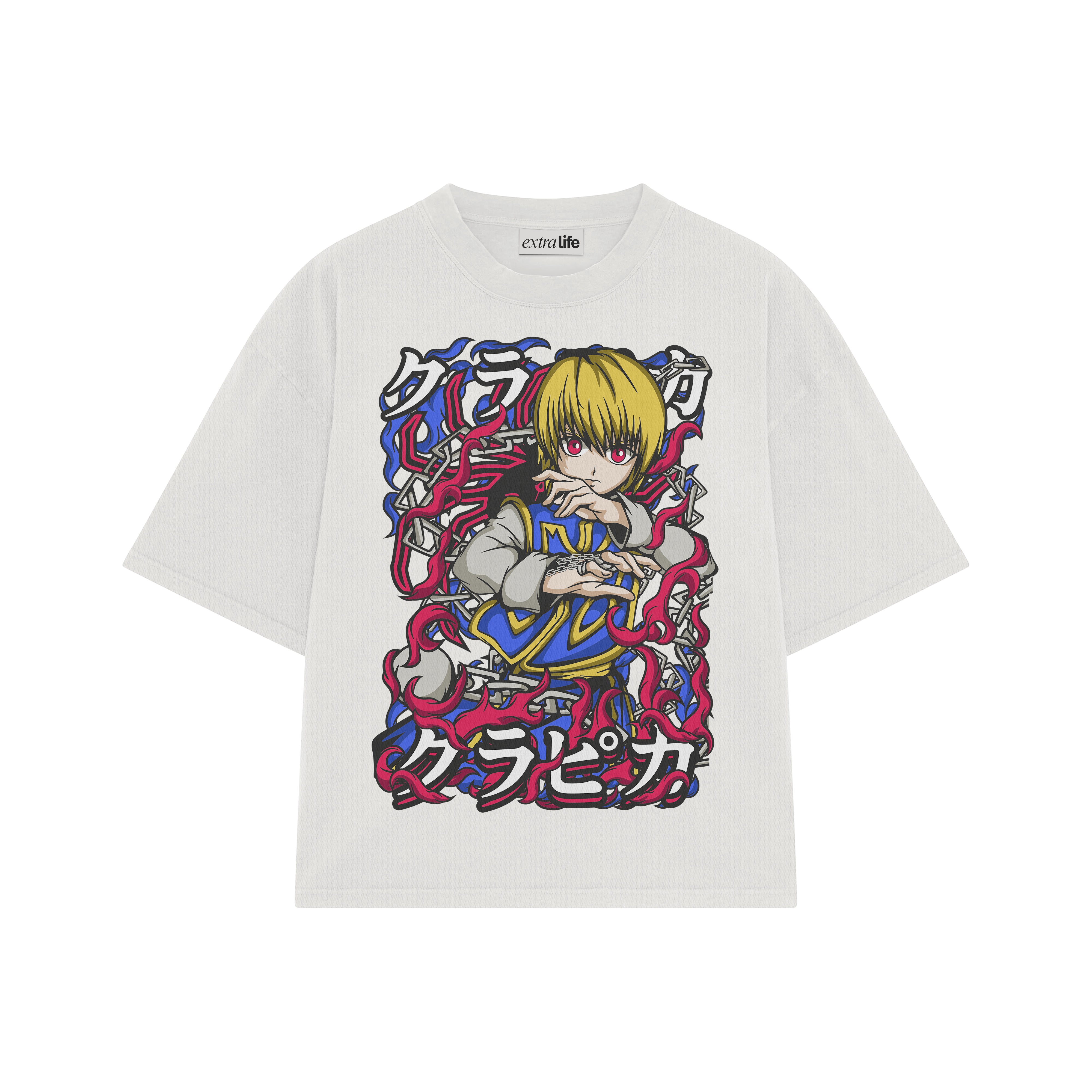 Playera streetwear premium de anime y gaming ExtraLife MX, corte boxy oversized drop shoulder heavyweight en color Deep Black y Off-White, moda urbana mexicana de culto.