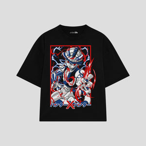Playera streetwear premium de anime y gaming ExtraLife MX, corte boxy oversized drop shoulder heavyweight en color Deep Black y Off-White, moda urbana mexicana de culto.