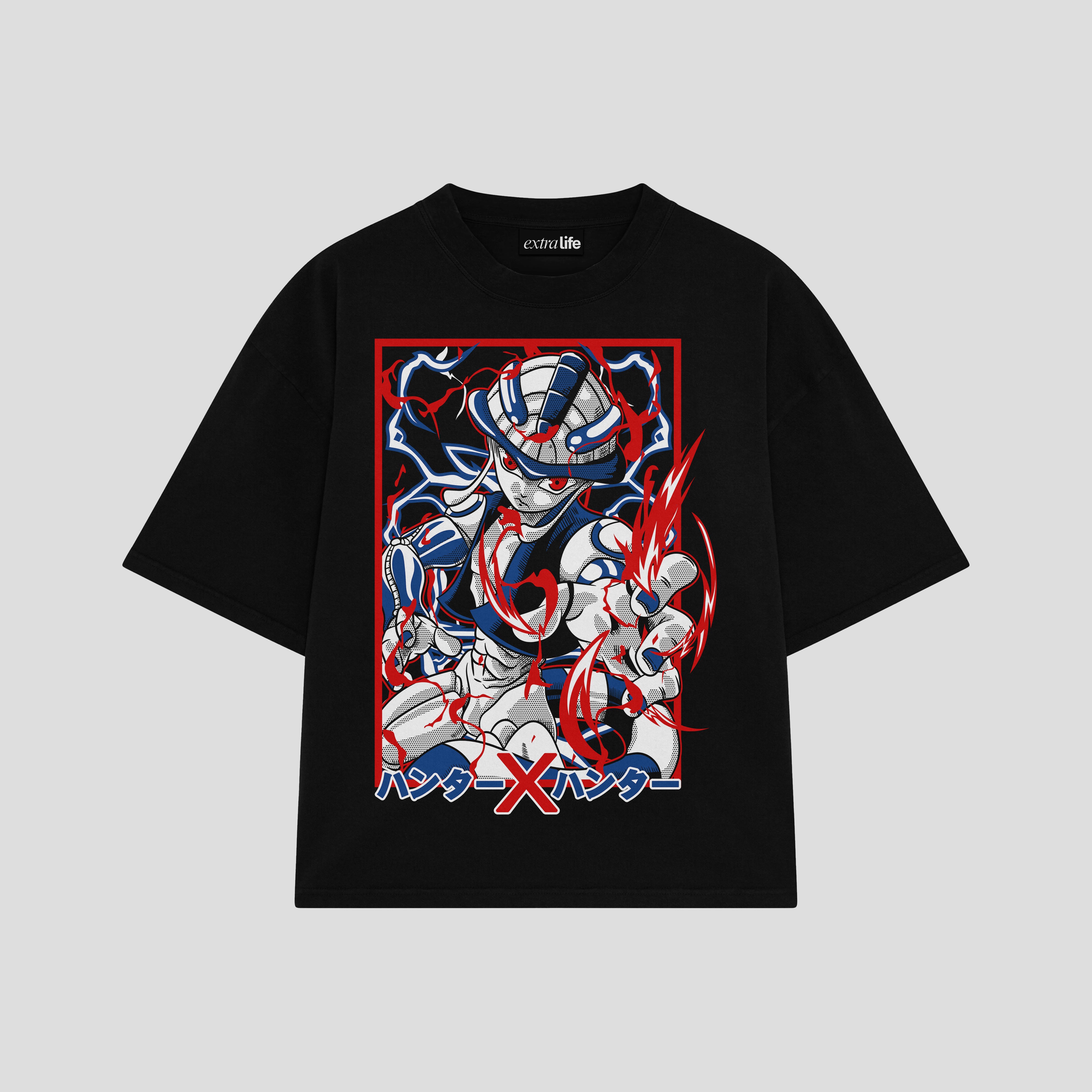 Playera streetwear premium de anime y gaming ExtraLife MX, corte boxy oversized drop shoulder heavyweight en color Deep Black y Off-White, moda urbana mexicana de culto.