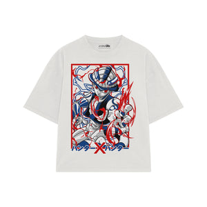 Playera streetwear premium de anime y gaming ExtraLife MX, corte boxy oversized drop shoulder heavyweight en color Deep Black y Off-White, moda urbana mexicana de culto.