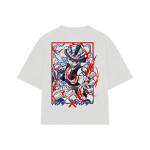 Playera streetwear premium de anime y gaming ExtraLife MX, corte boxy oversized drop shoulder heavyweight en color Deep Black y Off-White, moda urbana mexicana de culto.