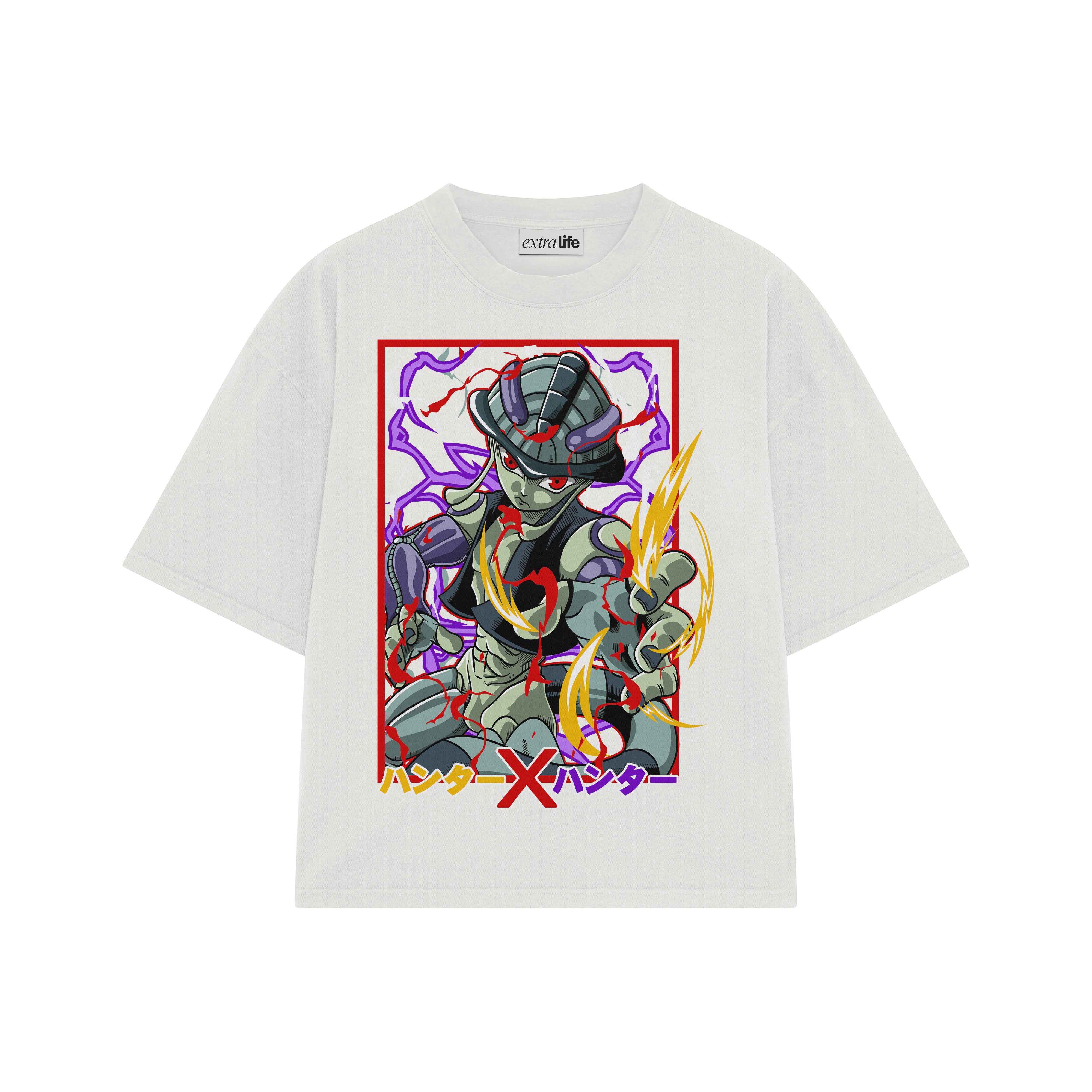 Playera streetwear premium de anime y gaming ExtraLife MX, corte boxy oversized drop shoulder heavyweight en color Deep Black y Off-White, moda urbana mexicana de culto.