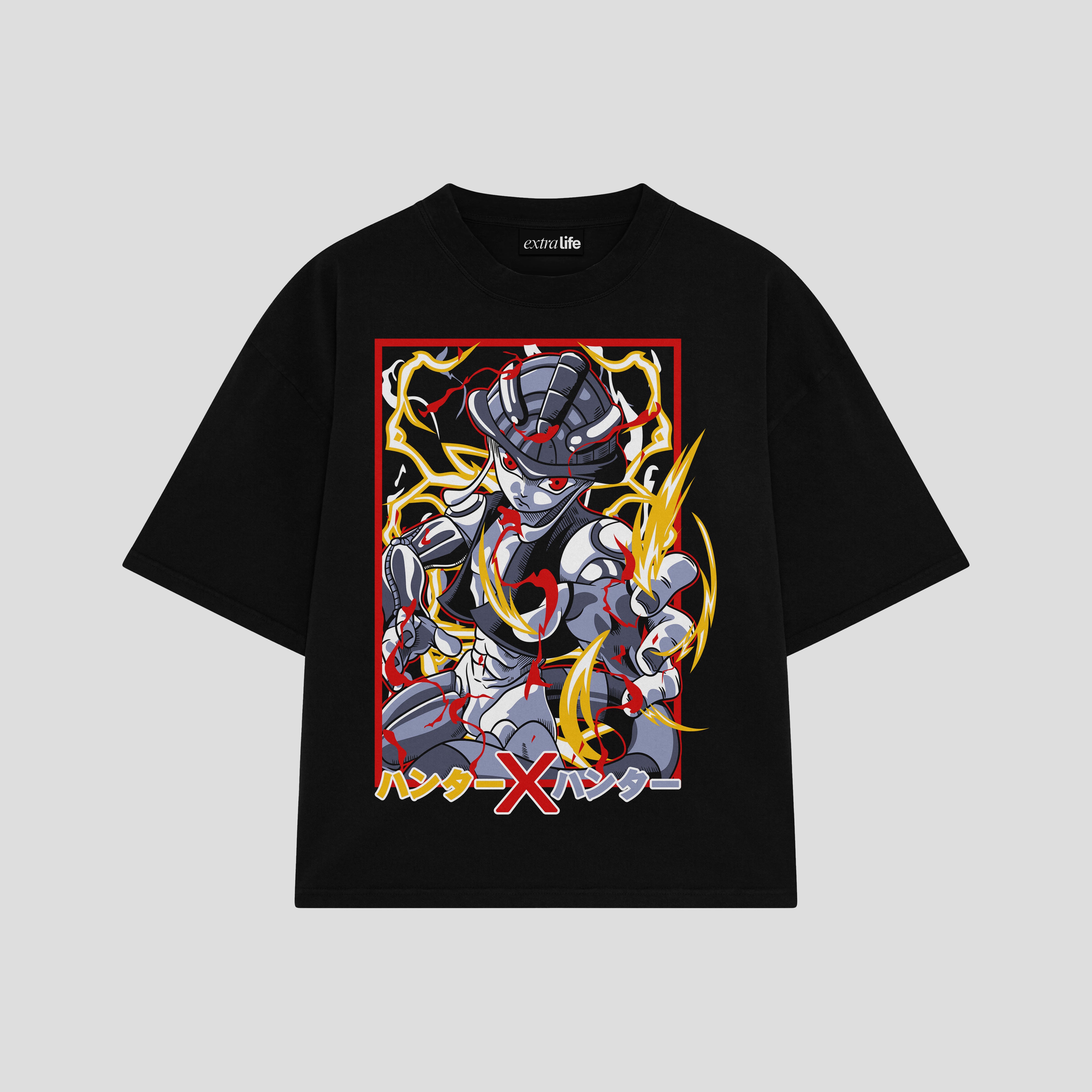 Playera streetwear premium de anime y gaming ExtraLife MX, corte boxy oversized drop shoulder heavyweight en color Deep Black y Off-White, moda urbana mexicana de culto.