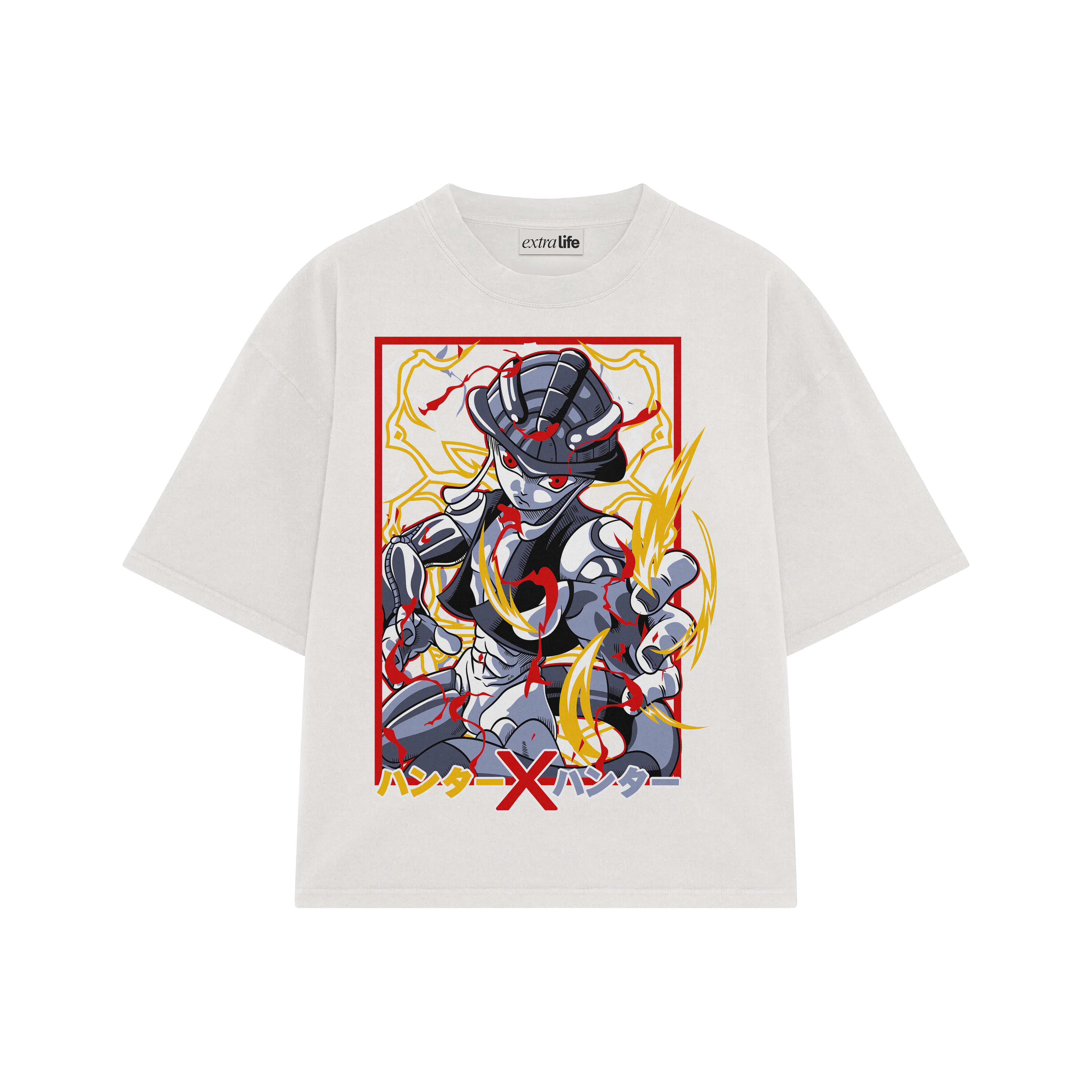 Playera streetwear premium de anime y gaming ExtraLife MX, corte boxy oversized drop shoulder heavyweight en color Deep Black y Off-White, moda urbana mexicana de culto.