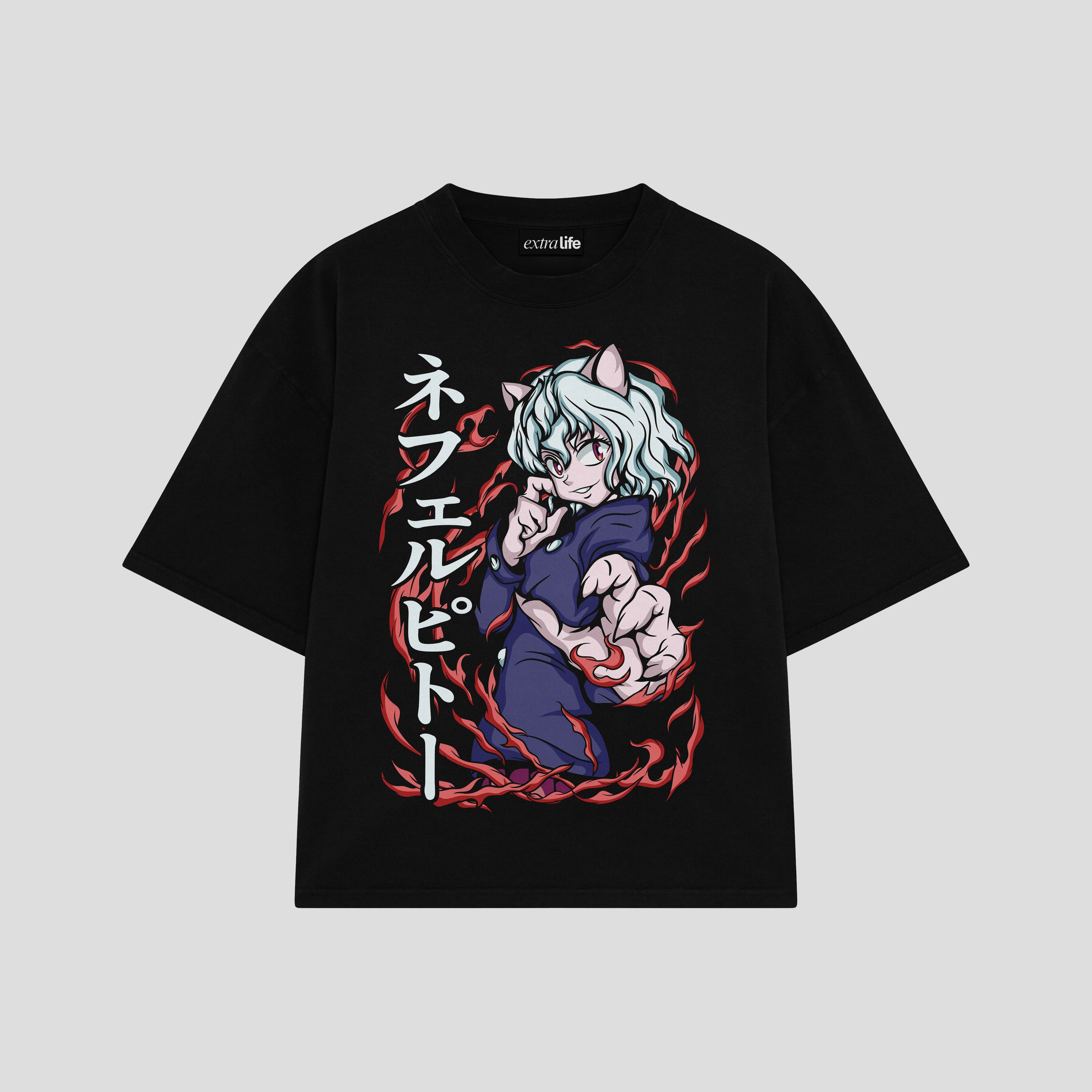 Playera streetwear premium de anime y gaming ExtraLife MX, corte boxy oversized drop shoulder heavyweight en color Deep Black y Off-White, moda urbana mexicana de culto.