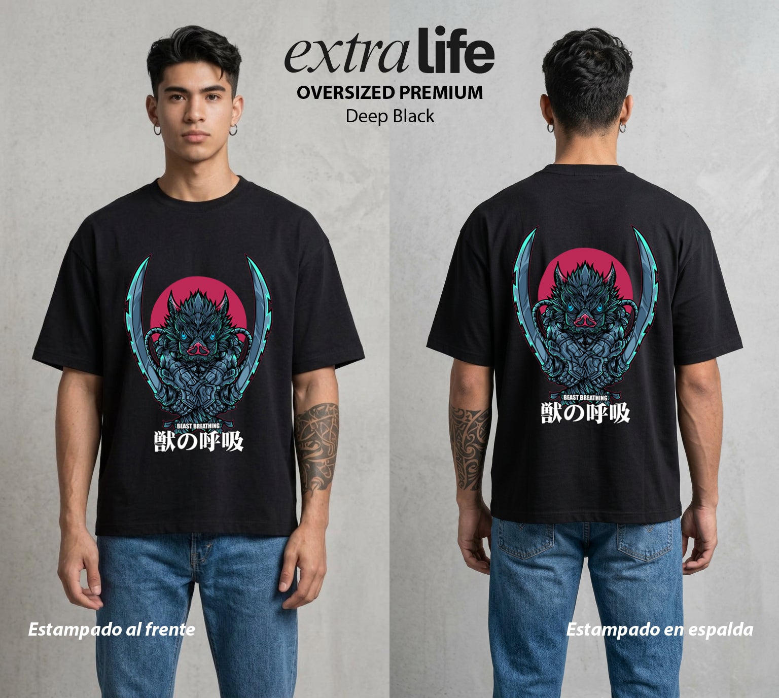 Cazadores de la Noche | El Jabalí del Monte #01732 - Playera Oversized Premium | Deep Black - Foto en modelo