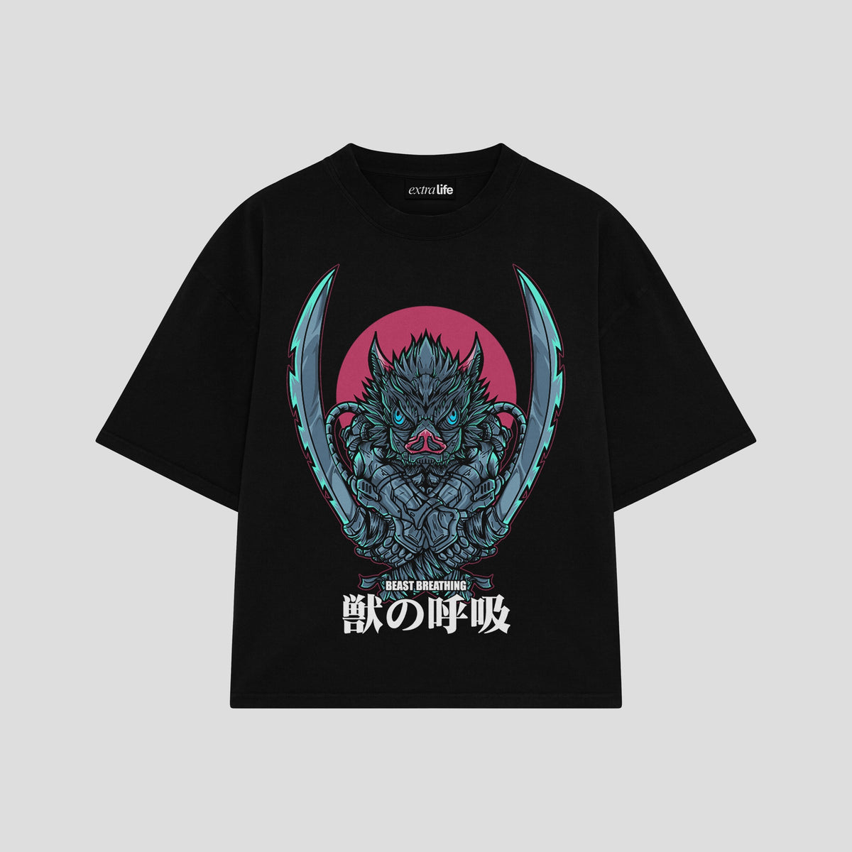 Playera streetwear premium de anime y gaming ExtraLife MX, corte oversized drop shoulder ligero y fresco en color Deep Black y Off-White, moda urbana mexicana de culto.