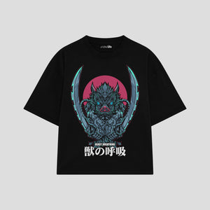 Playera streetwear premium de anime y gaming ExtraLife MX, corte boxy oversized drop shoulder heavyweight en color Deep Black y Off-White, moda urbana mexicana de culto.