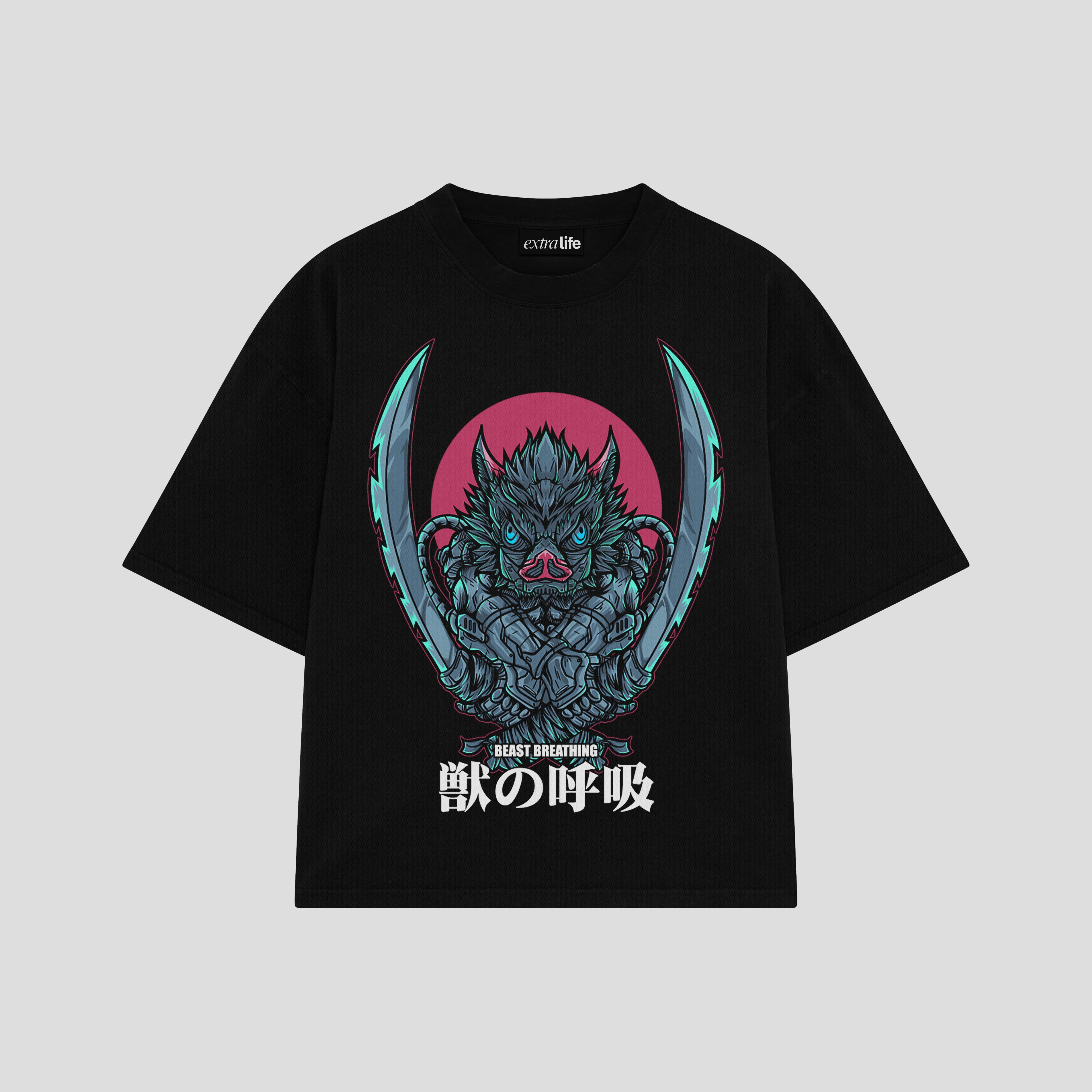 Playera streetwear premium de anime y gaming ExtraLife MX, corte boxy oversized drop shoulder heavyweight en color Deep Black y Off-White, moda urbana mexicana de culto.