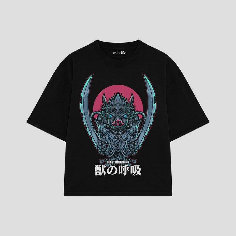 Playera streetwear premium de anime y gaming ExtraLife MX, corte boxy oversized drop shoulder heavyweight en color Deep Black y Off-White, moda urbana mexicana de culto.