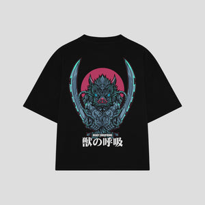 Playera streetwear premium de anime y gaming ExtraLife MX, corte boxy oversized drop shoulder heavyweight en color Deep Black y Off-White, moda urbana mexicana de culto.